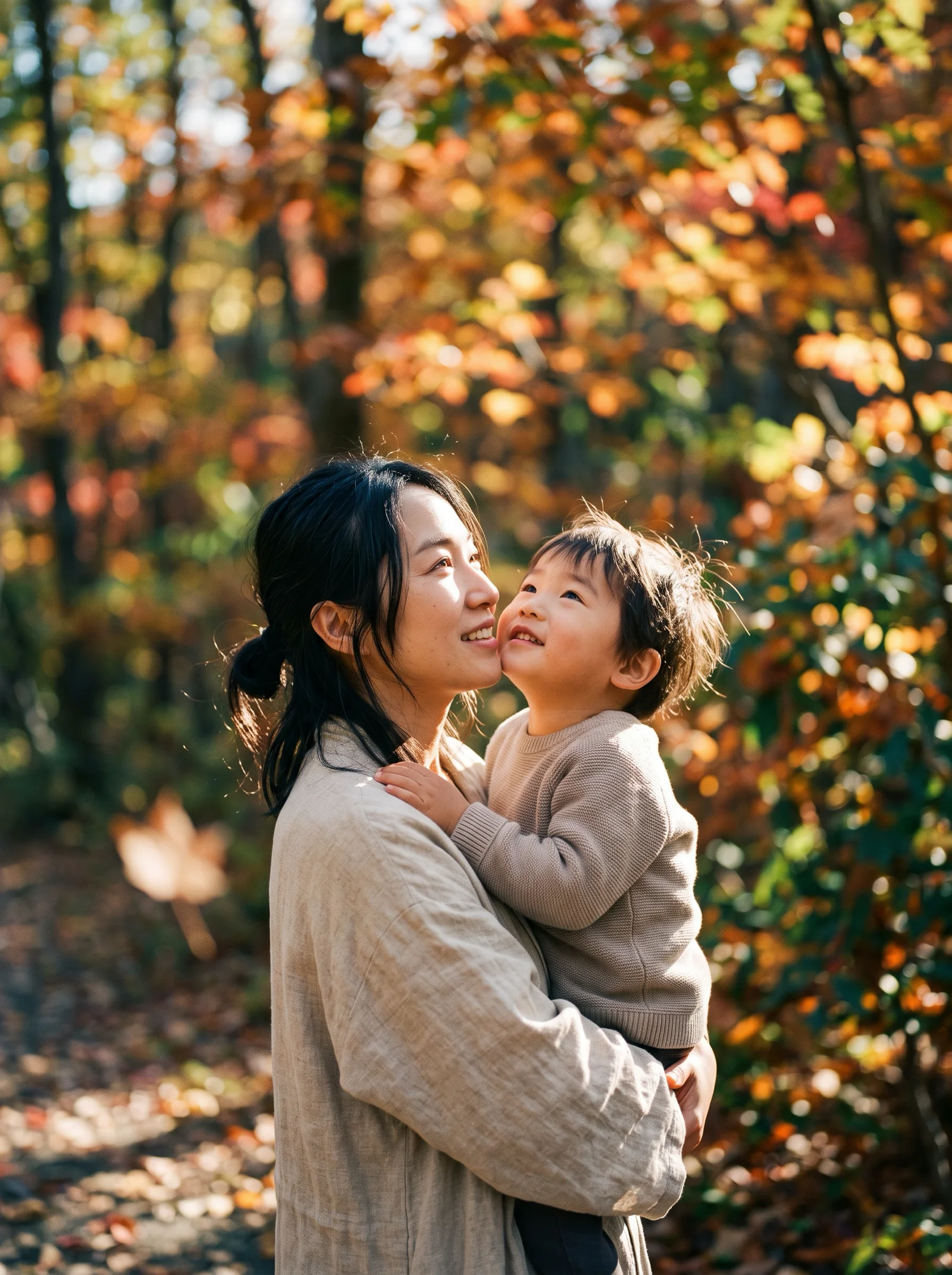 Mother and Child in Dappled Autumn Light — AI-generated photograph