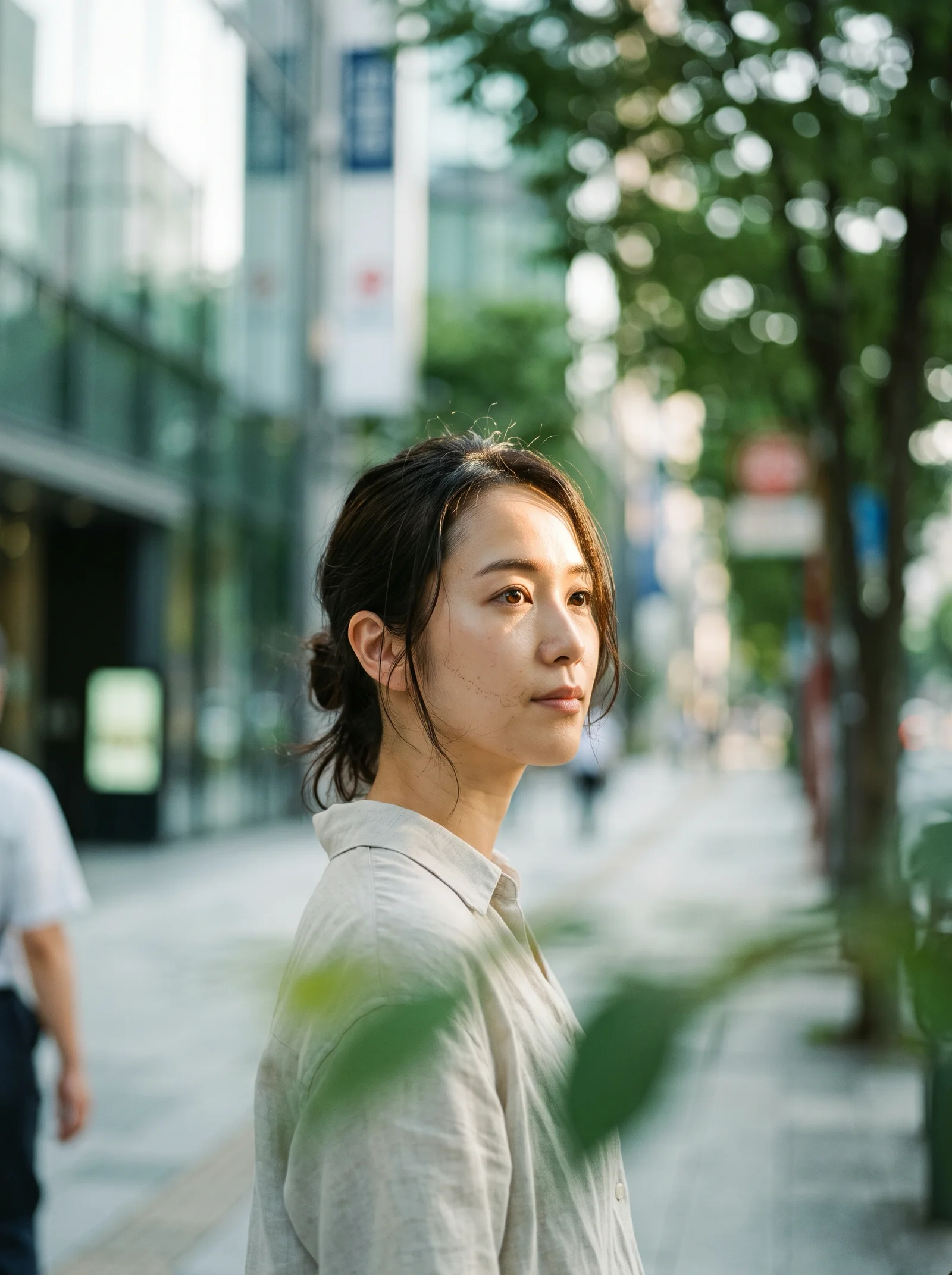 Woman Pausing on a Sunlit City Sidewalk — AI-generated photograph