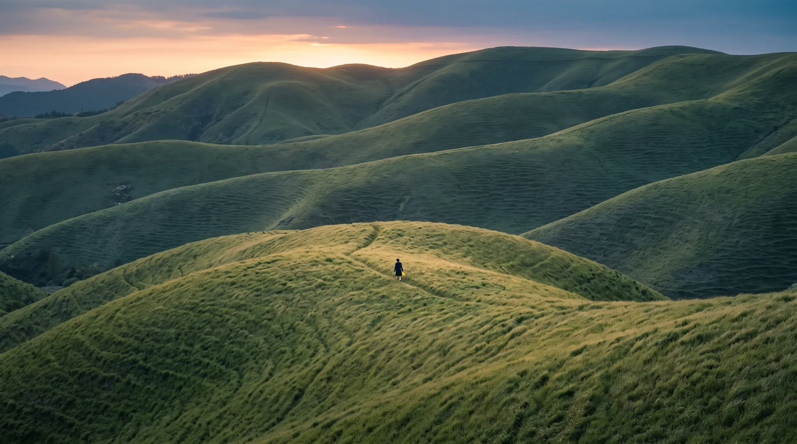 Tiny Student on Spring Grass Ridges at Dusk — AI-generated photograph
