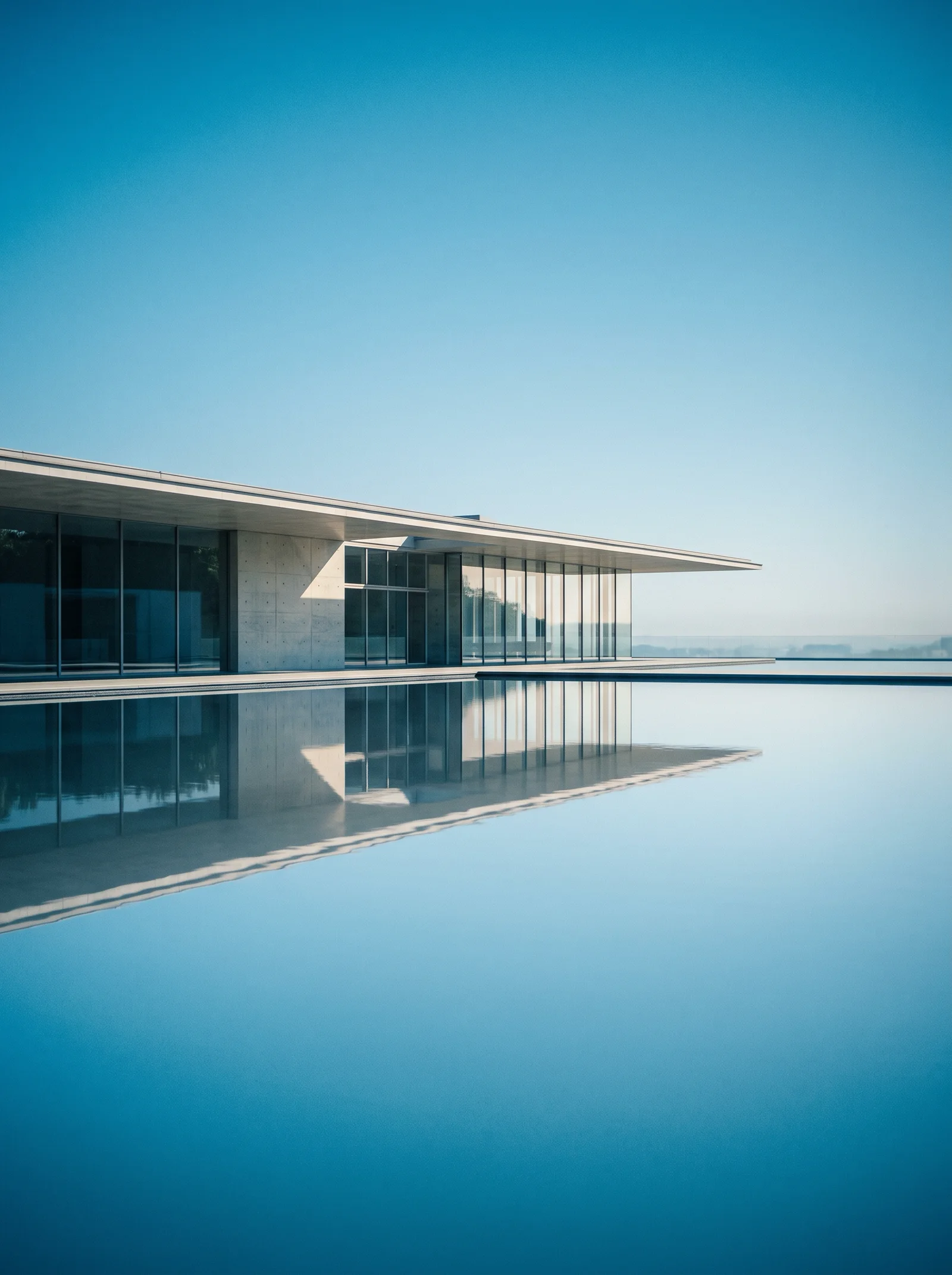 Glass Building Mirrored in a Blue Reflecting Pool — AI-generated photograph