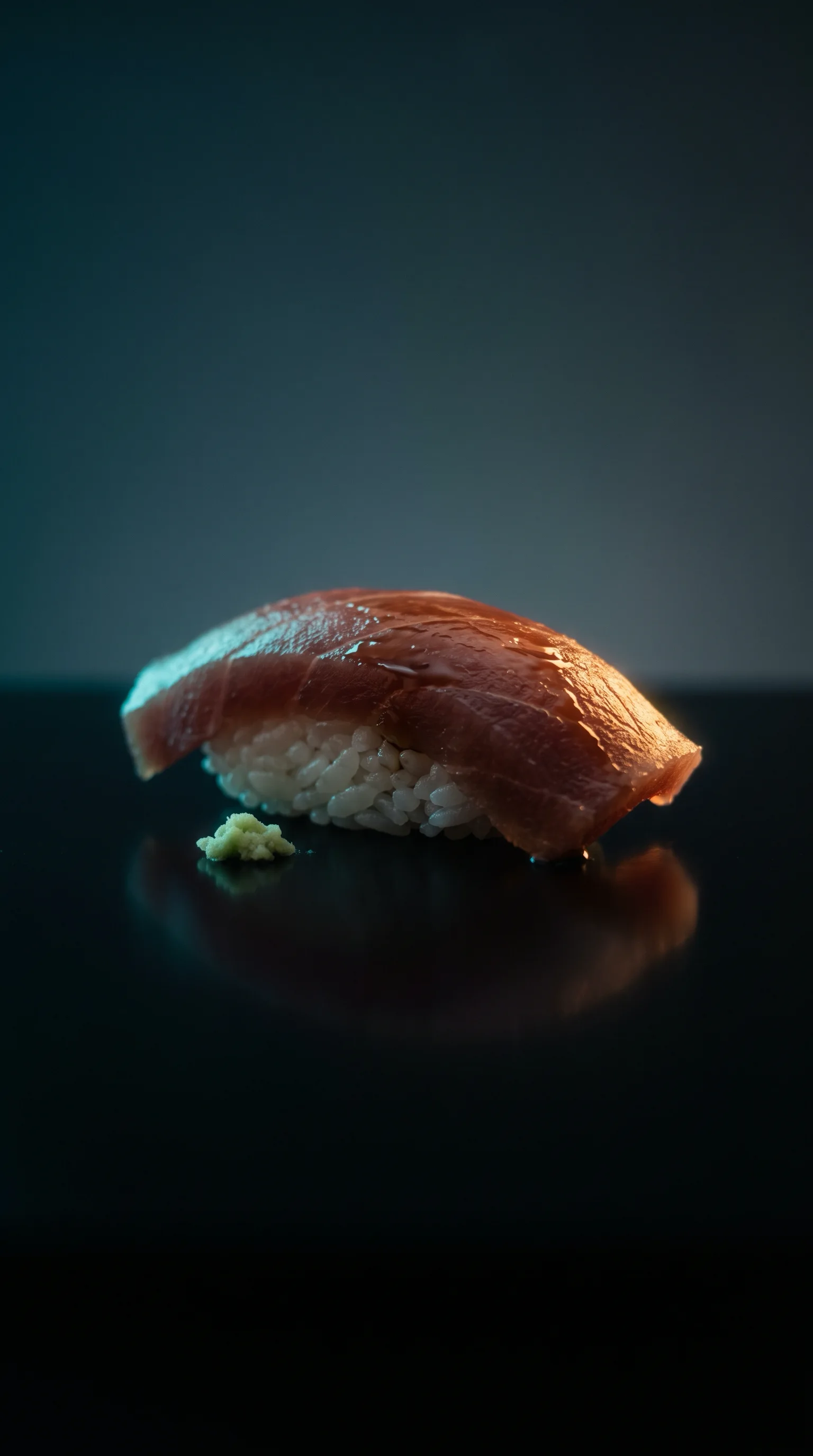 Single Nigiri Sushi on a Black Acrylic Mirror — AI-generated photograph