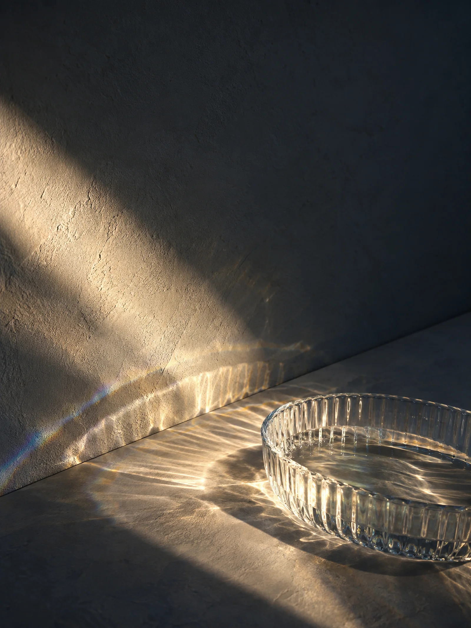 Ribbed Glass Bowl Casting Curved Light — AI-generated photograph