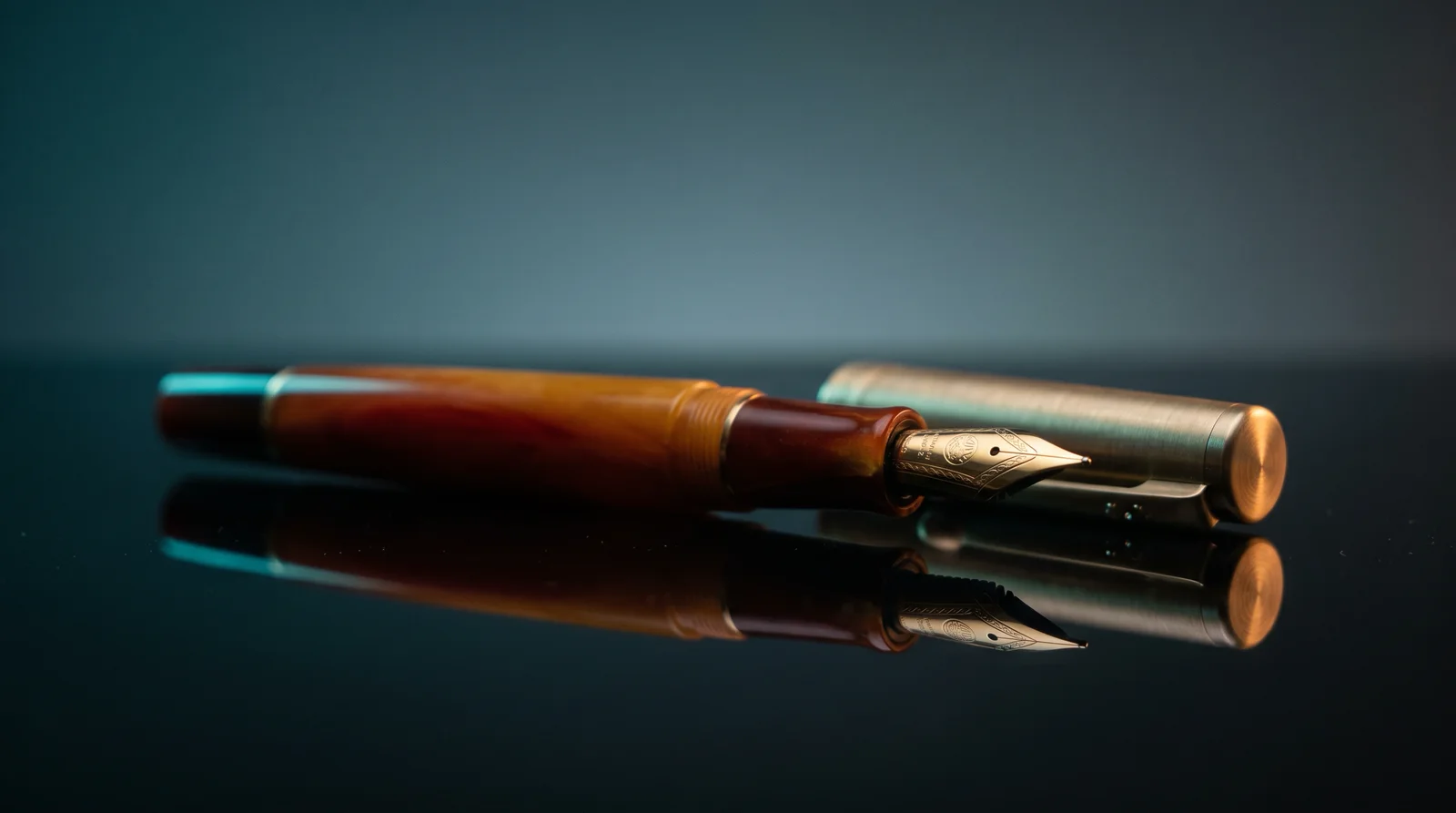 Fountain Pen on a Black Acrylic Mirror — AI-generated photograph