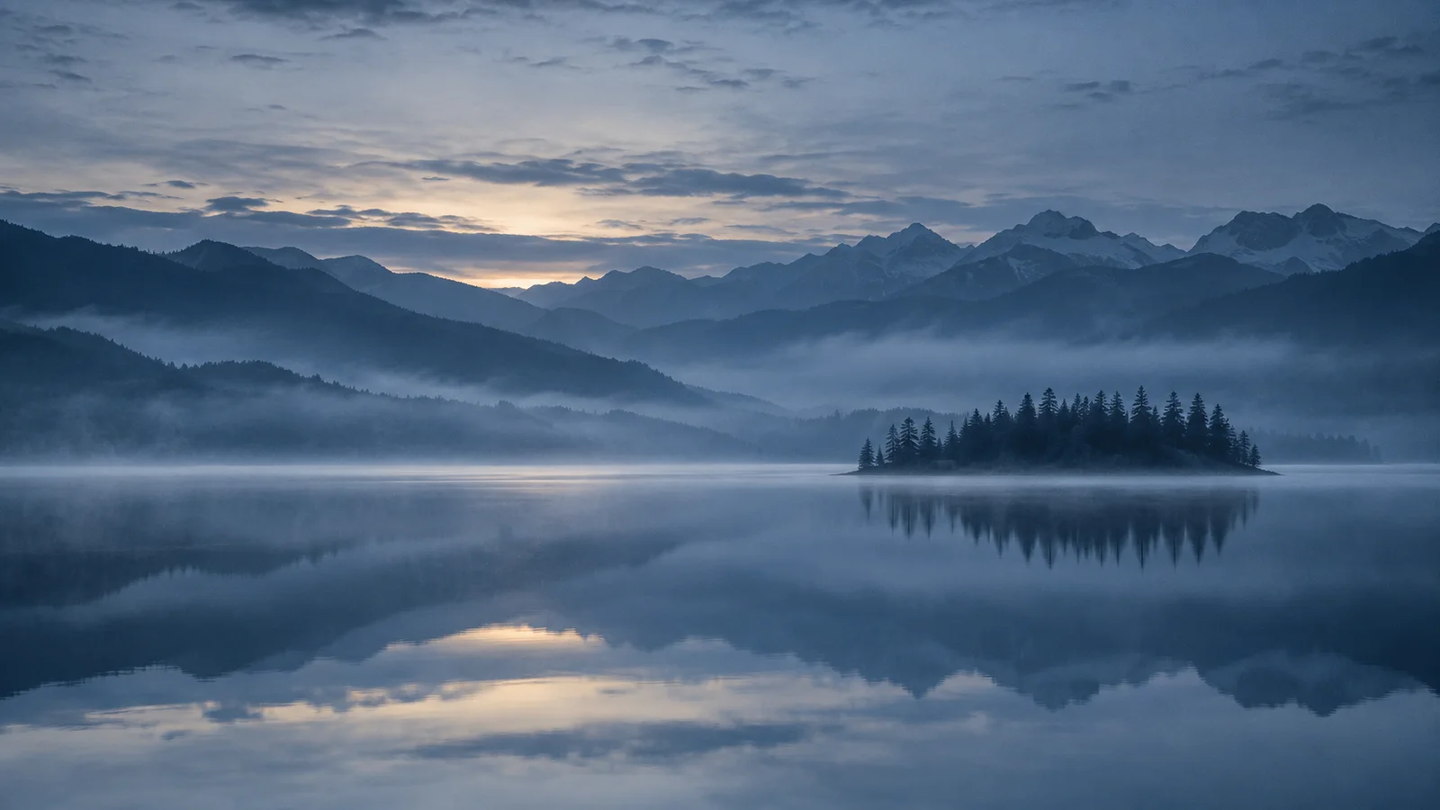 Forested Island Reflected in a Dawn Lake — AI-generated photograph