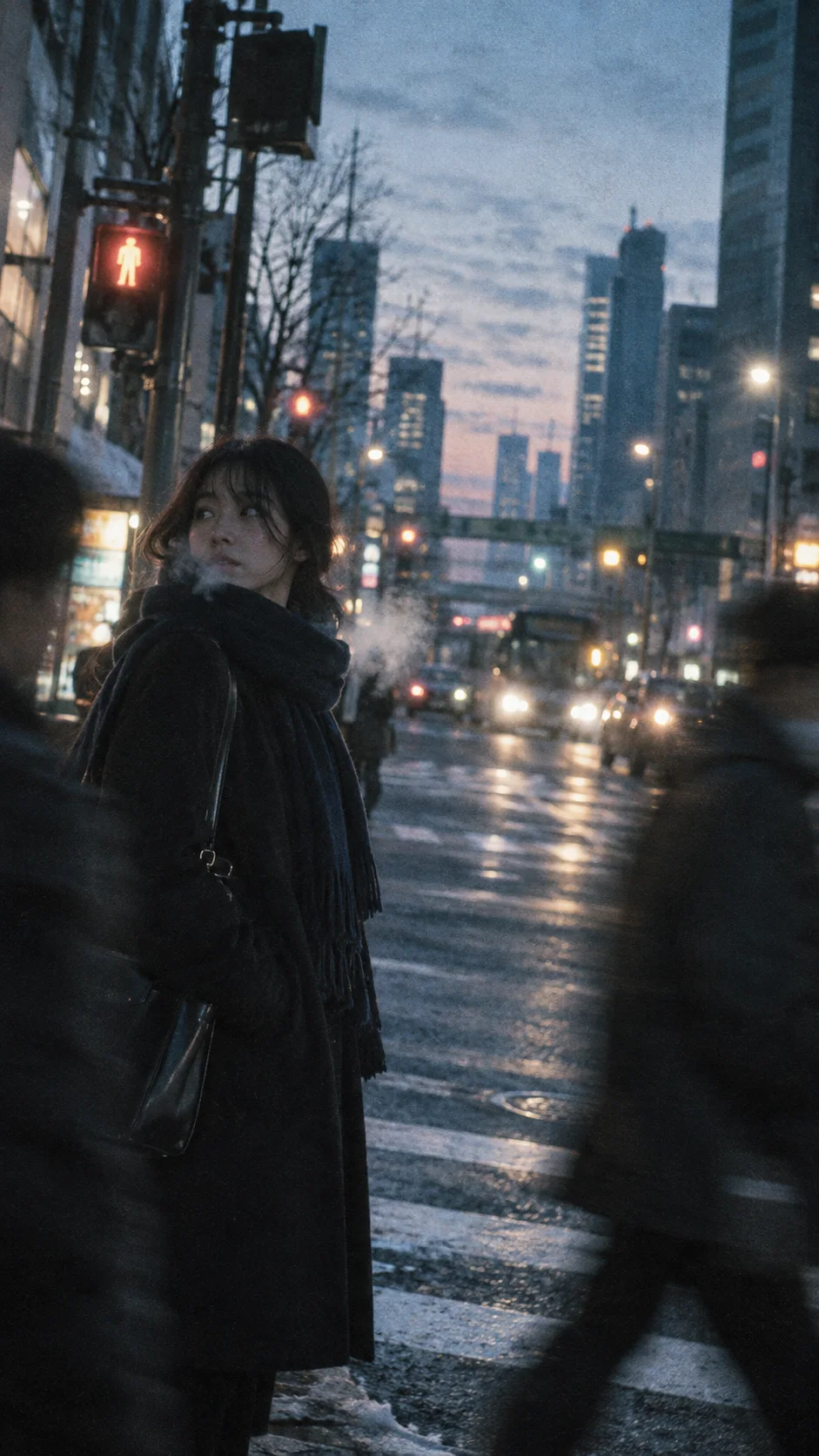 Woman Wearing a Navy Scarf at Dawn — AI-generated photograph