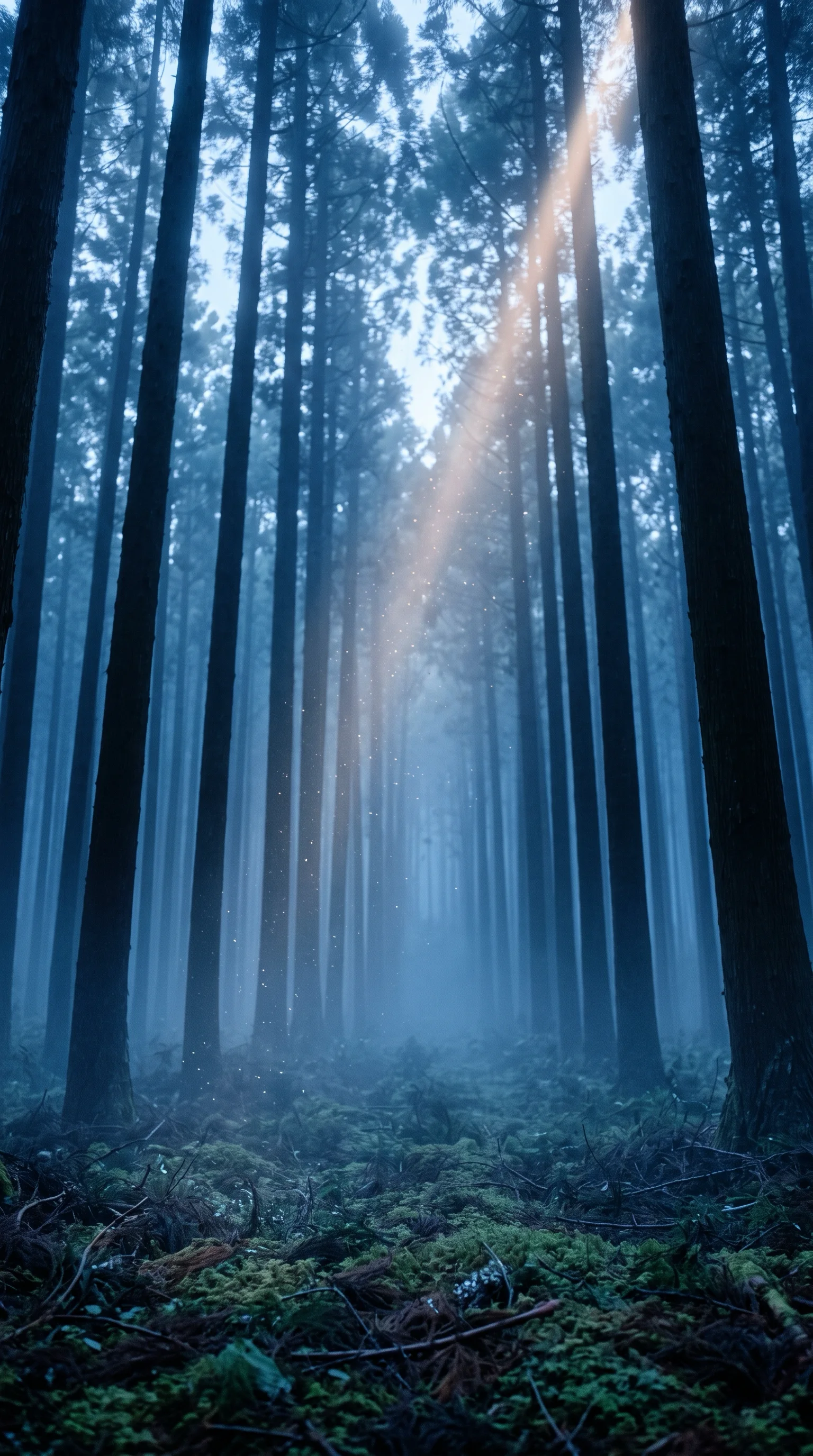 Dawn Light Shaft in a Misty Conifer Forest — AI-generated photograph