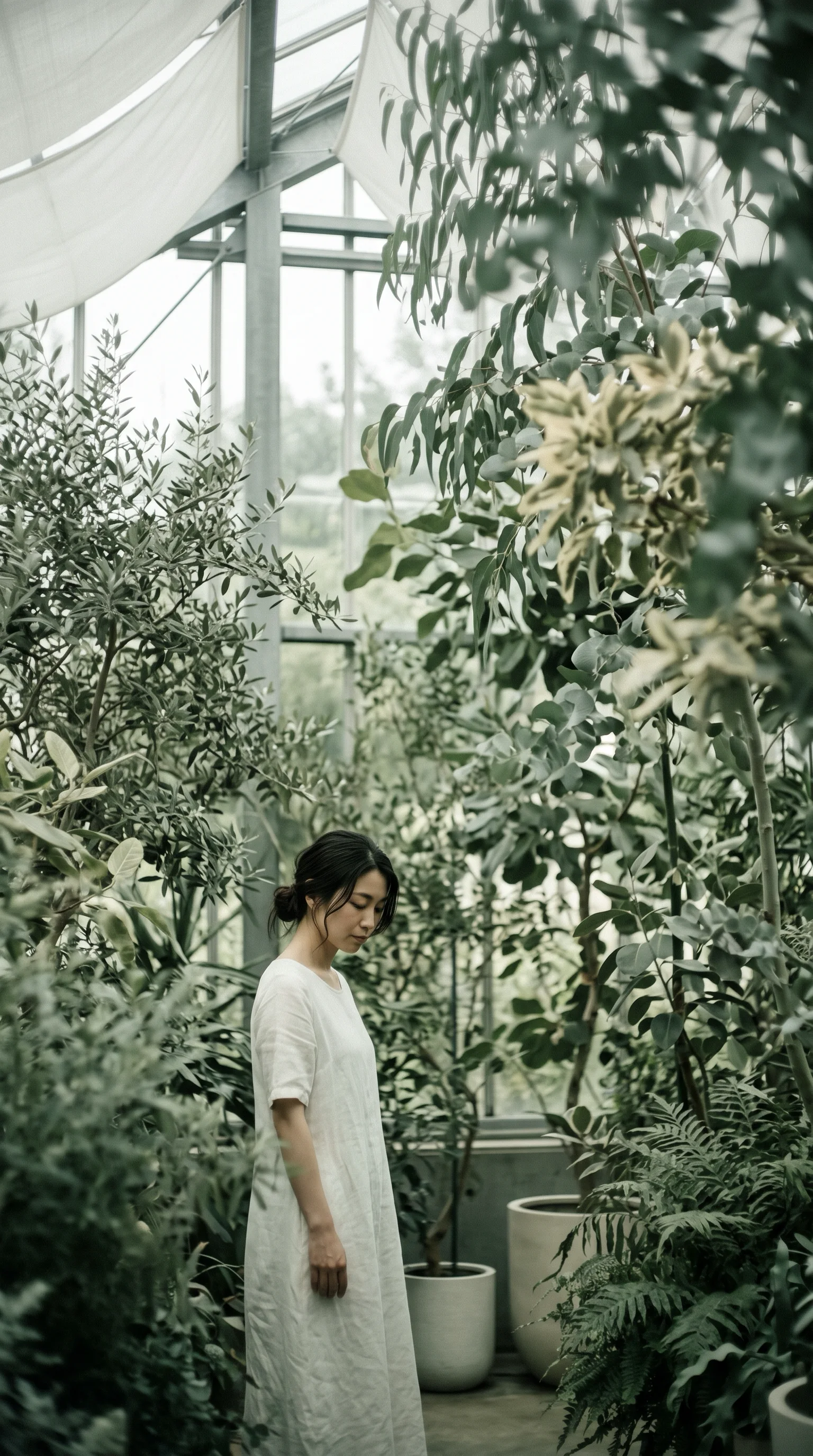 Small Figure Below Tall Greenhouse Foliage — AI-generated photograph