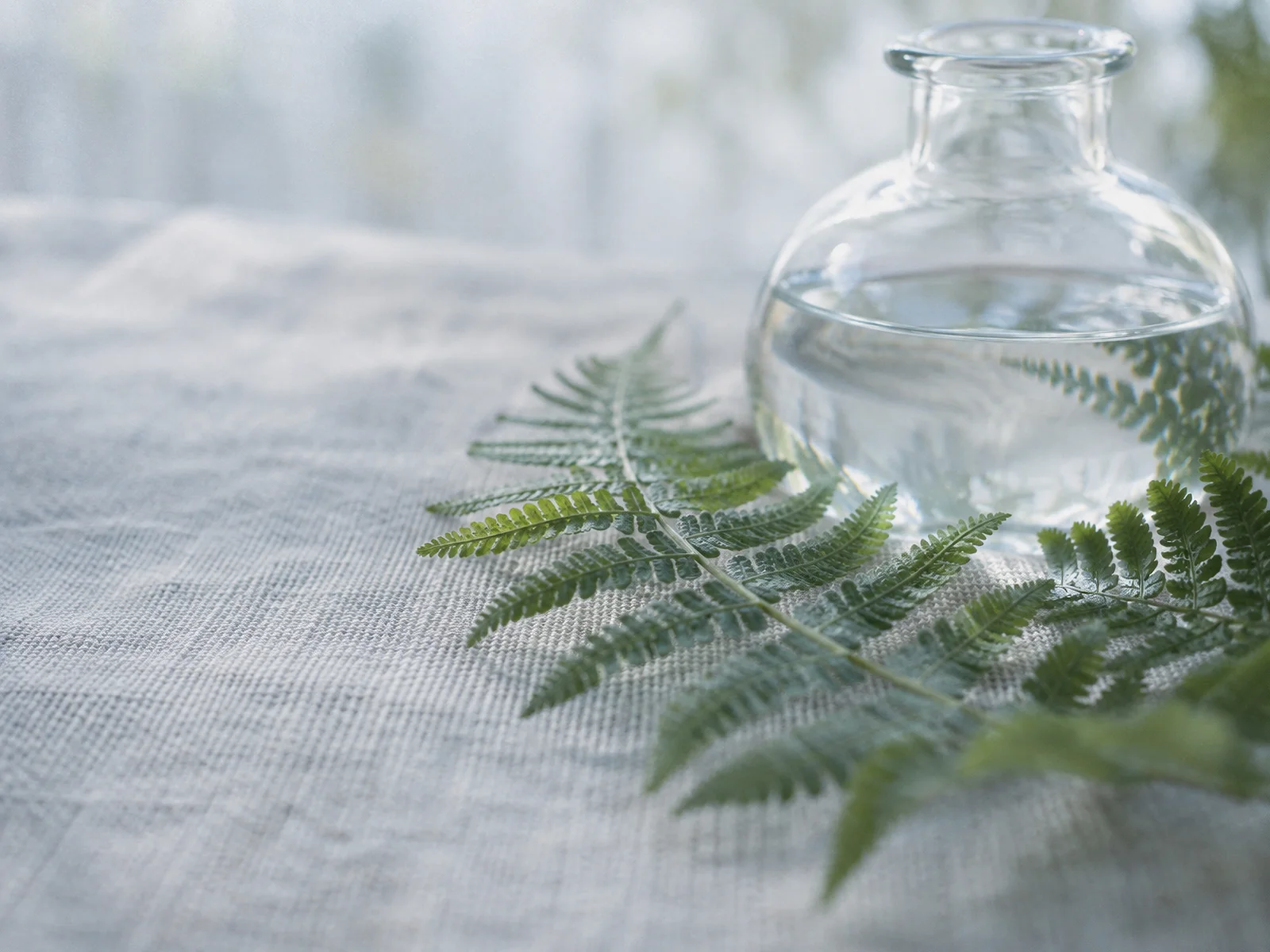 Fern Fronds Before a Glass Flask — AI-generated photograph