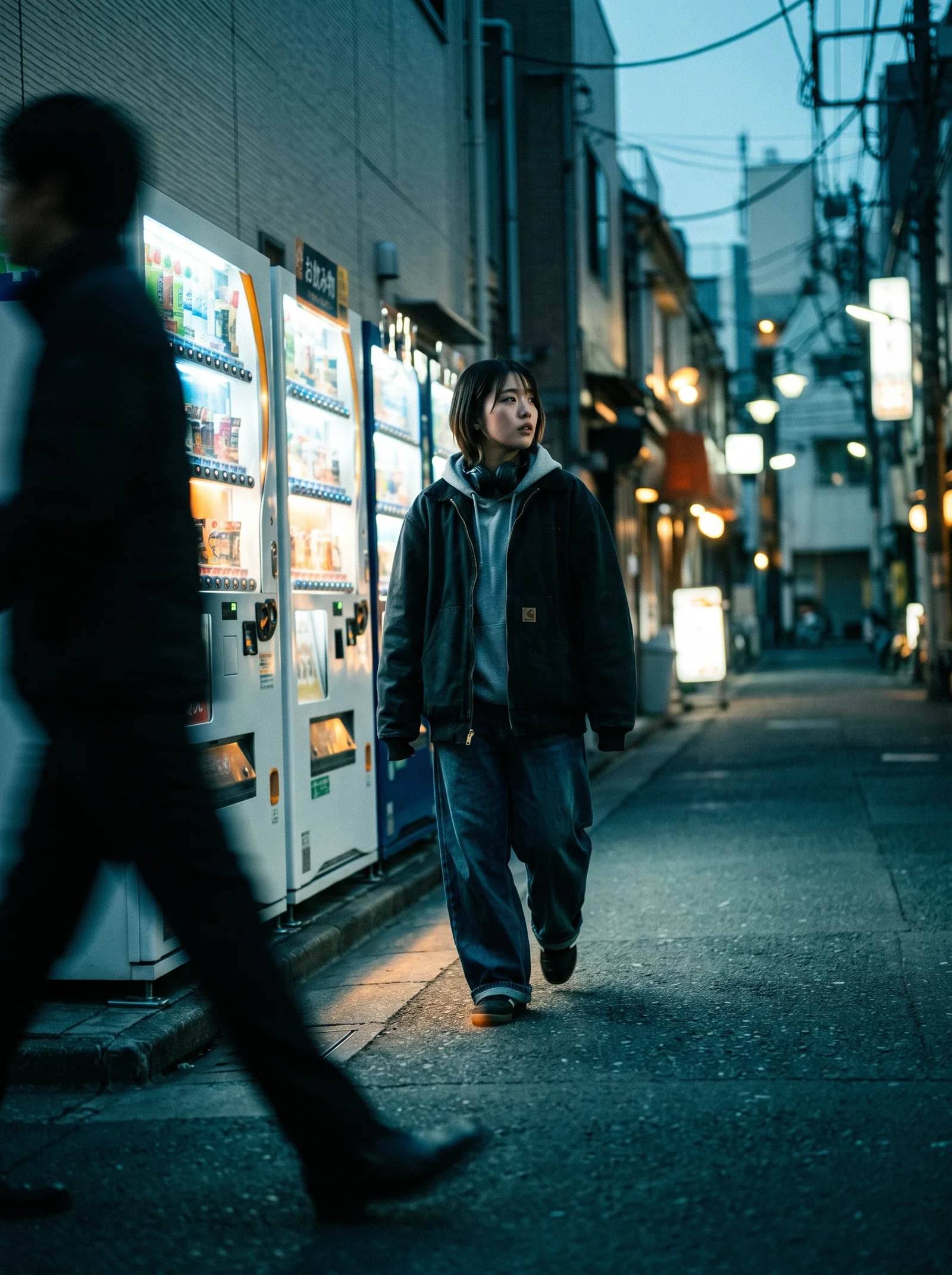 Figure Passing Glowing Vending Machines at Dusk — AI-generated photograph