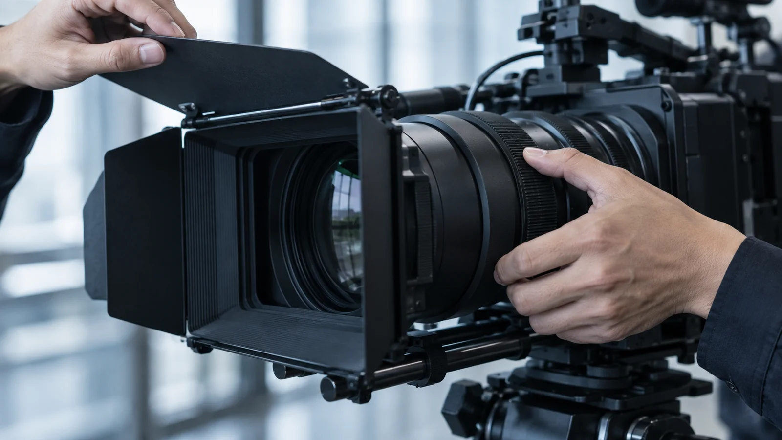Hands Adjusting a Cinema Camera — AI-generated photograph