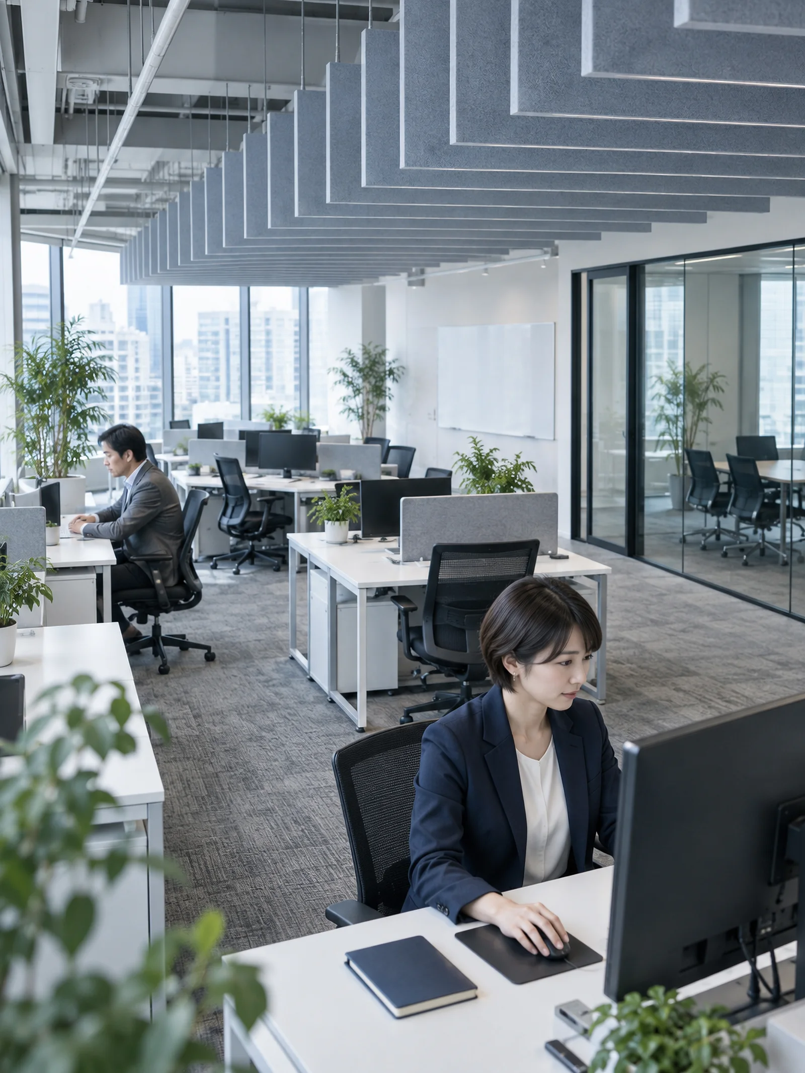 Employees Working Beneath Acoustic Ceiling Baffles — AI-generated photograph