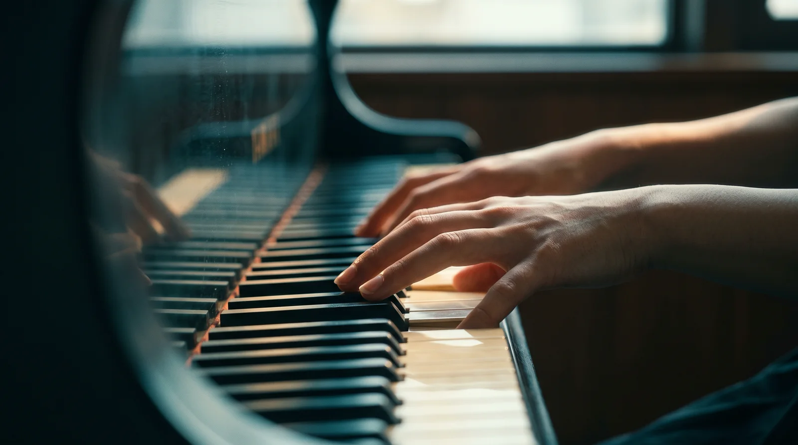 Close-up of Hands on a Grand Piano Keyboard — AI-generated photograph