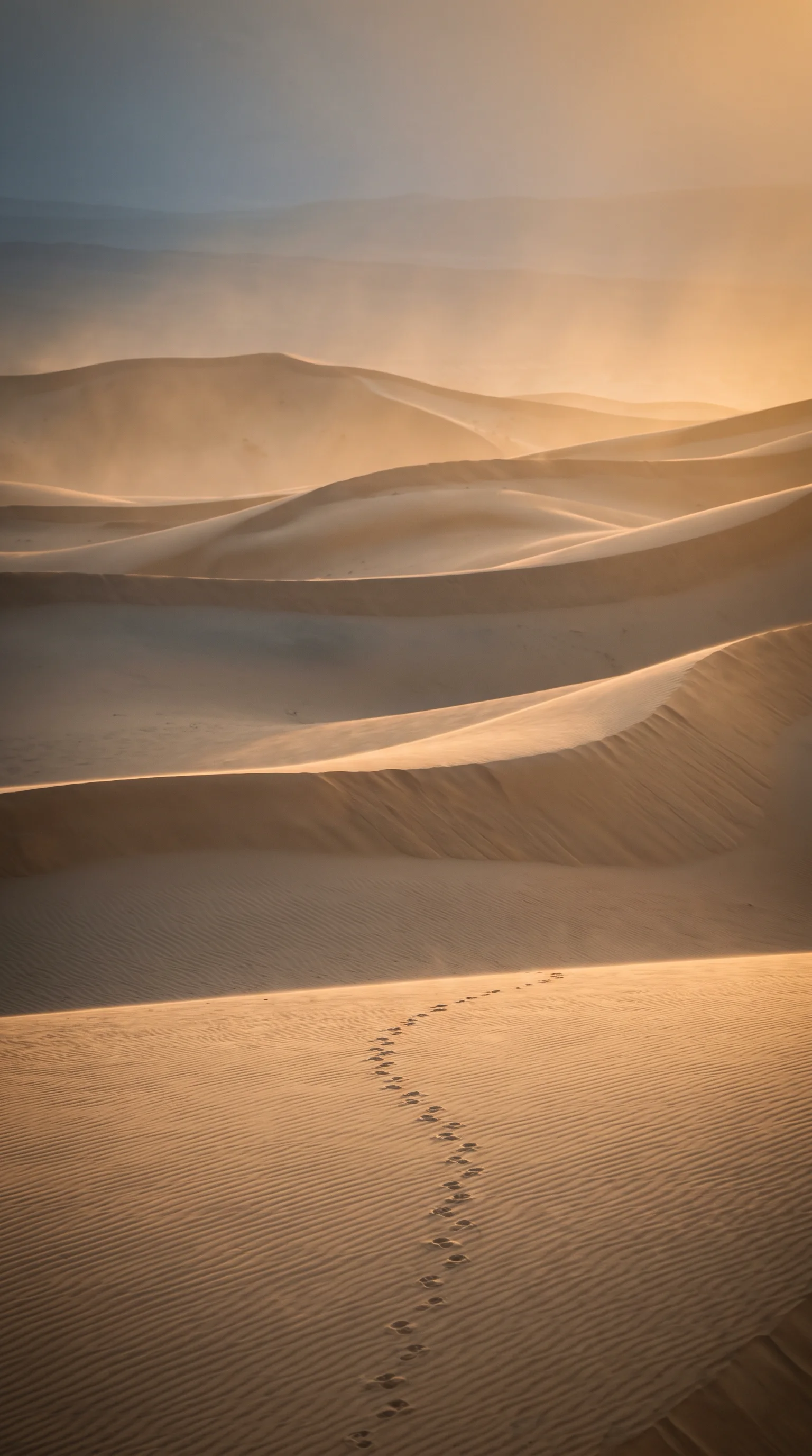 Animal Tracks Across Amber Dune Crests — AI-generated photograph