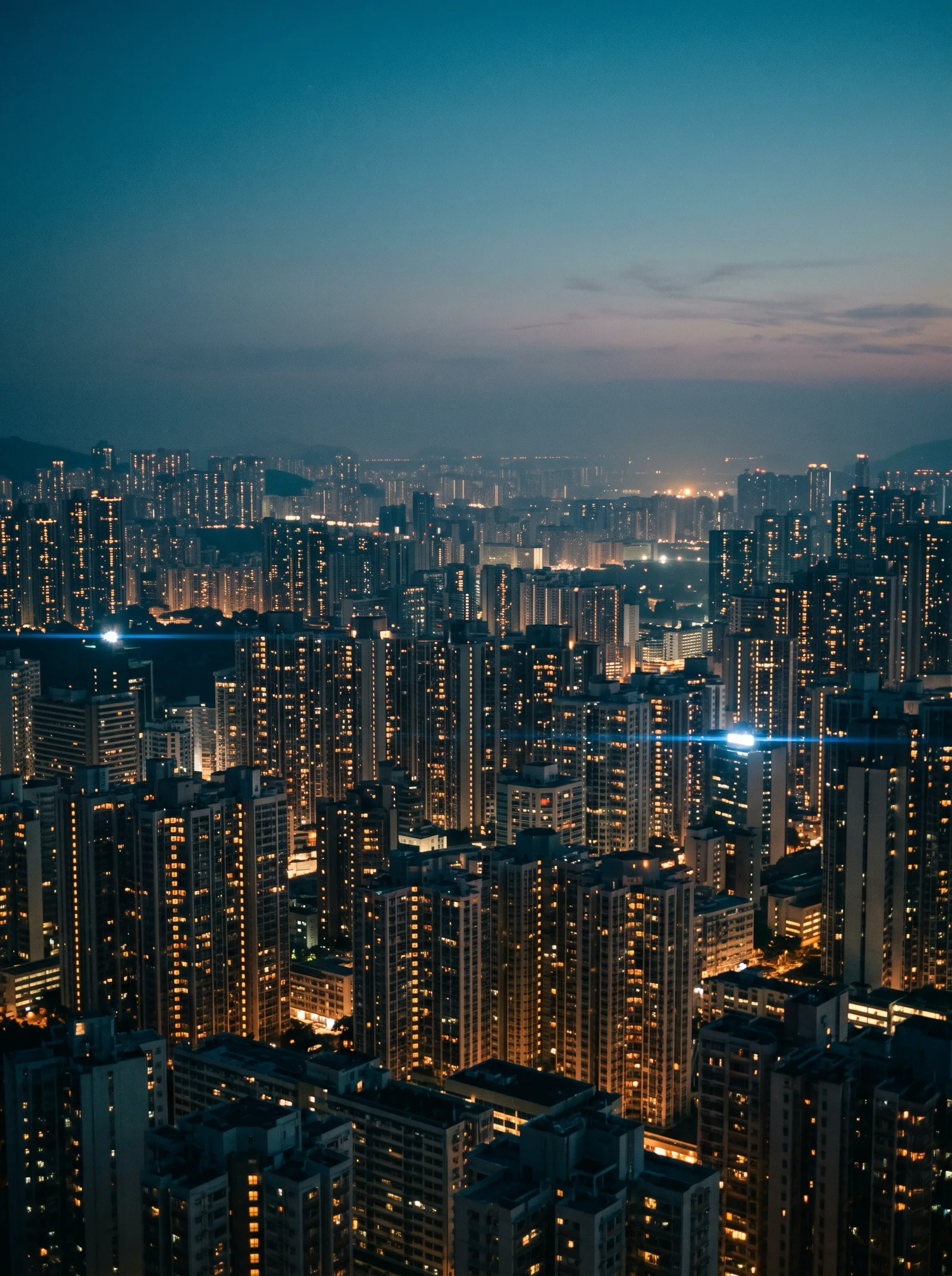 Blue Hour City with Amber Window Lights — AI-generated photograph