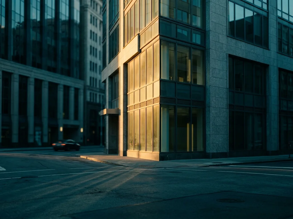 Morning Light on Glass Facades at an Intersection — AI-generated photograph