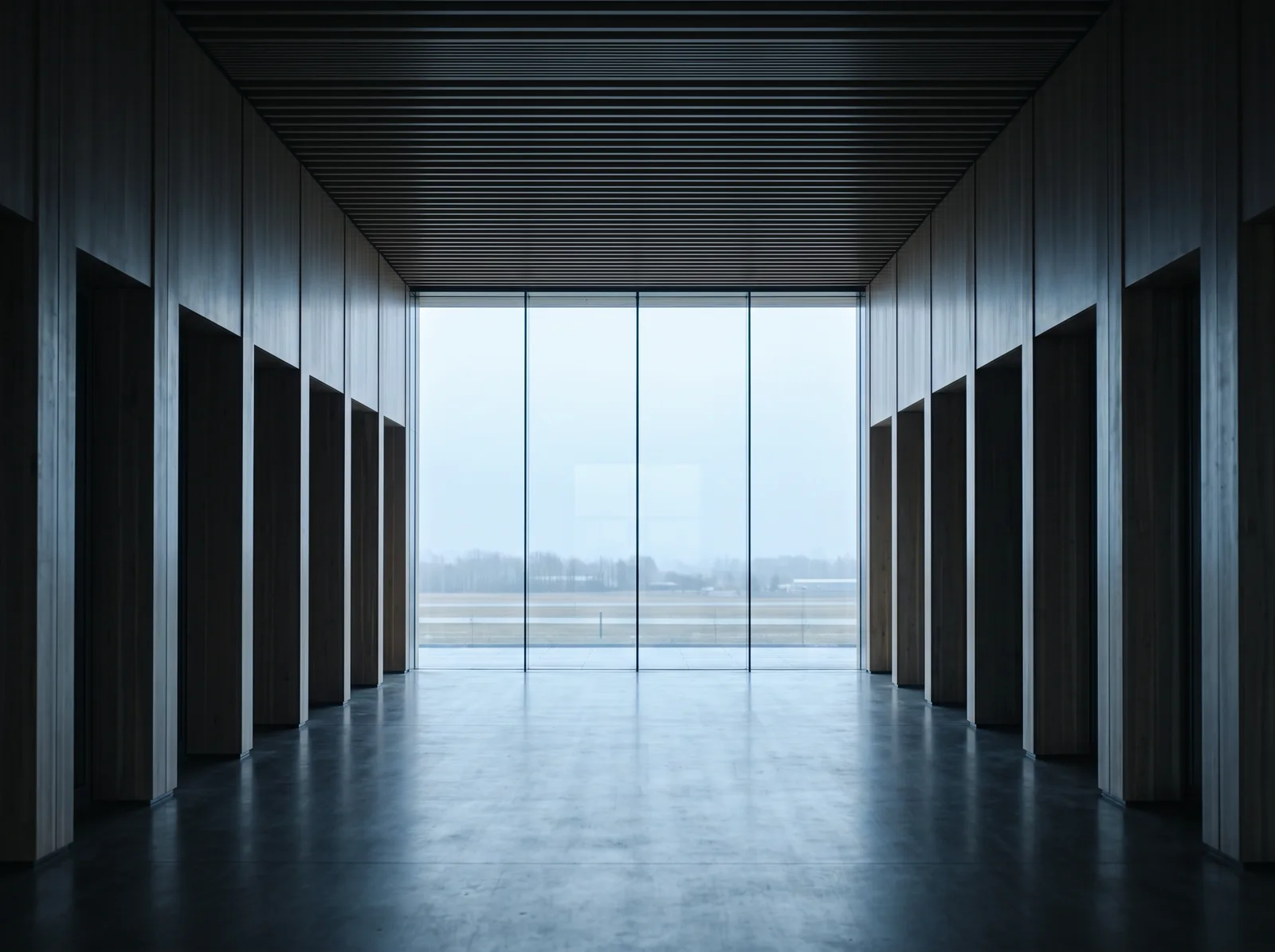 Timber Terminal Concourse Toward a Bright Glazed End — AI-generated photograph
