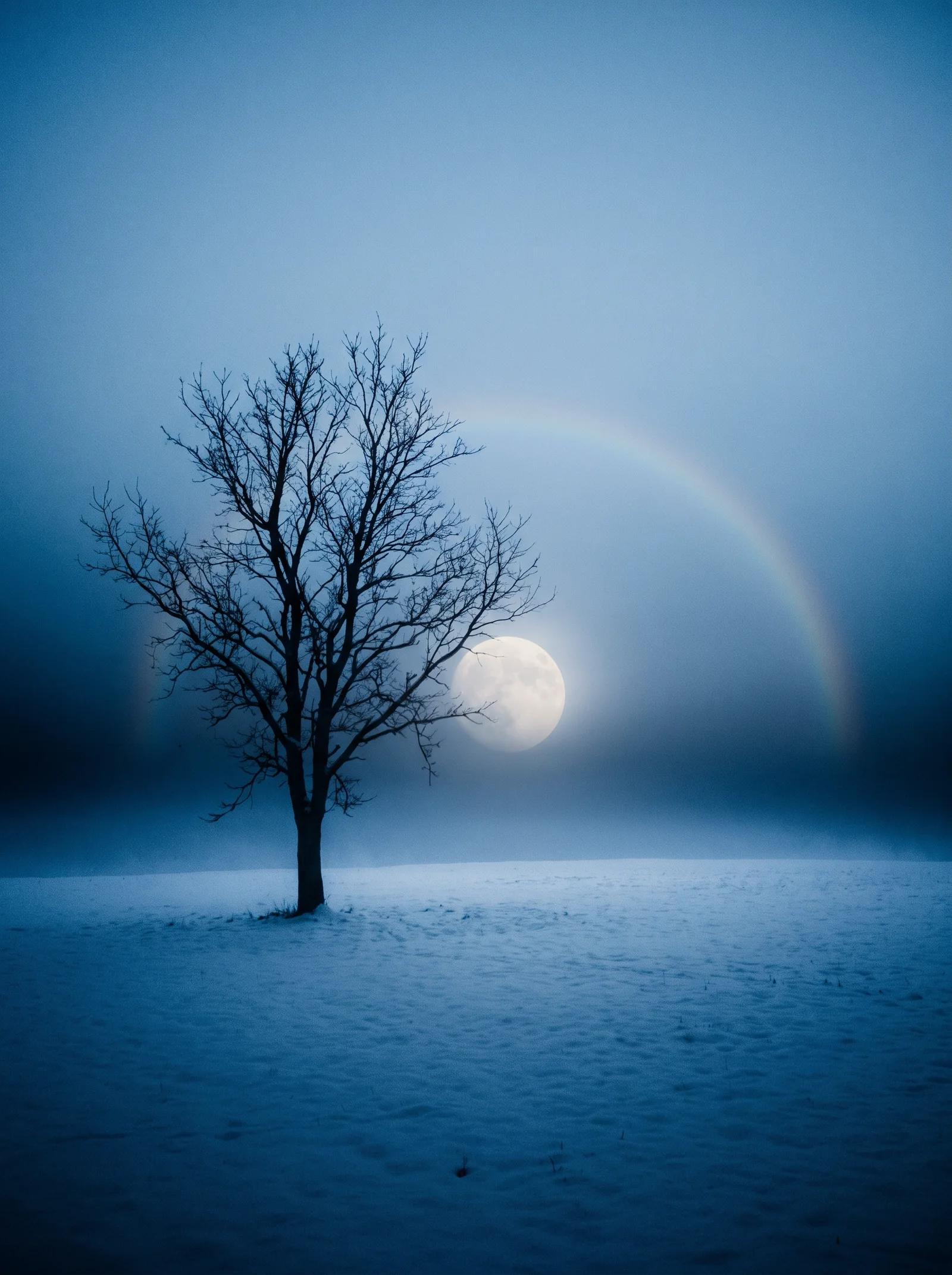 Lone Bare Tree on a Moonlit Blue Snowfield — AI-generated photograph