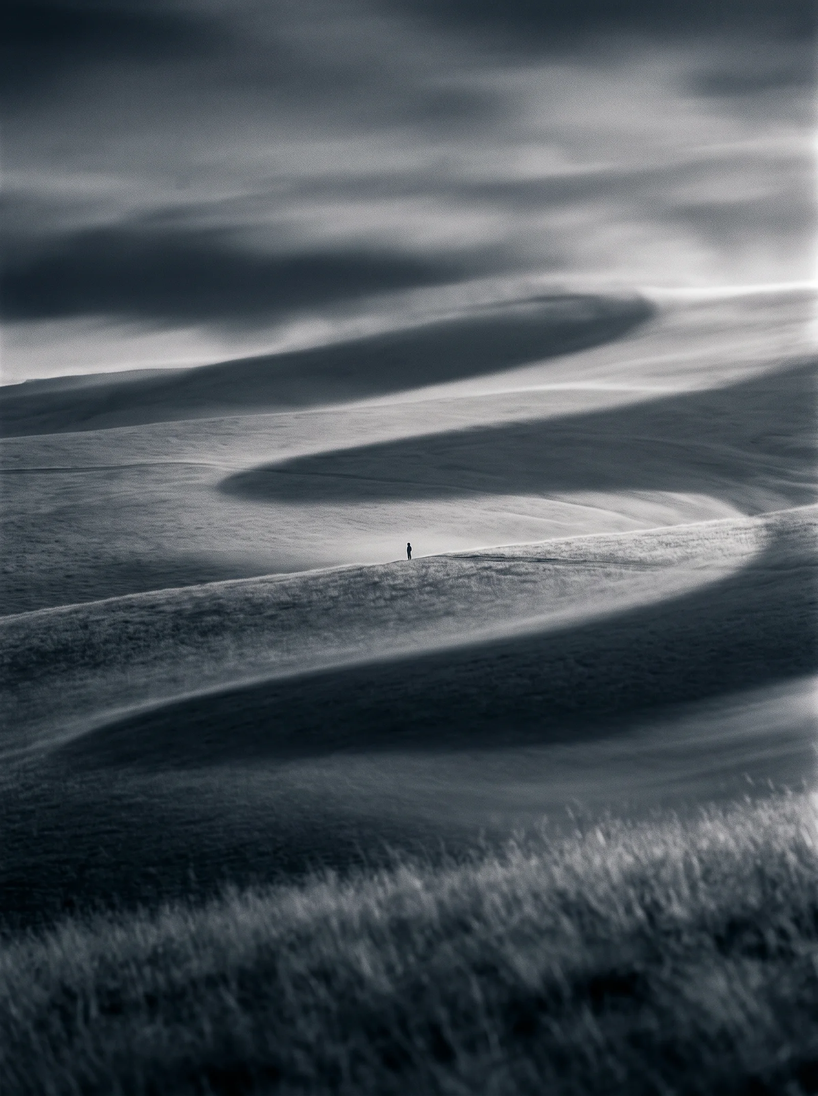 Cloud Shadow Bands Across a Monochrome Highland Meadow — AI-generated photograph