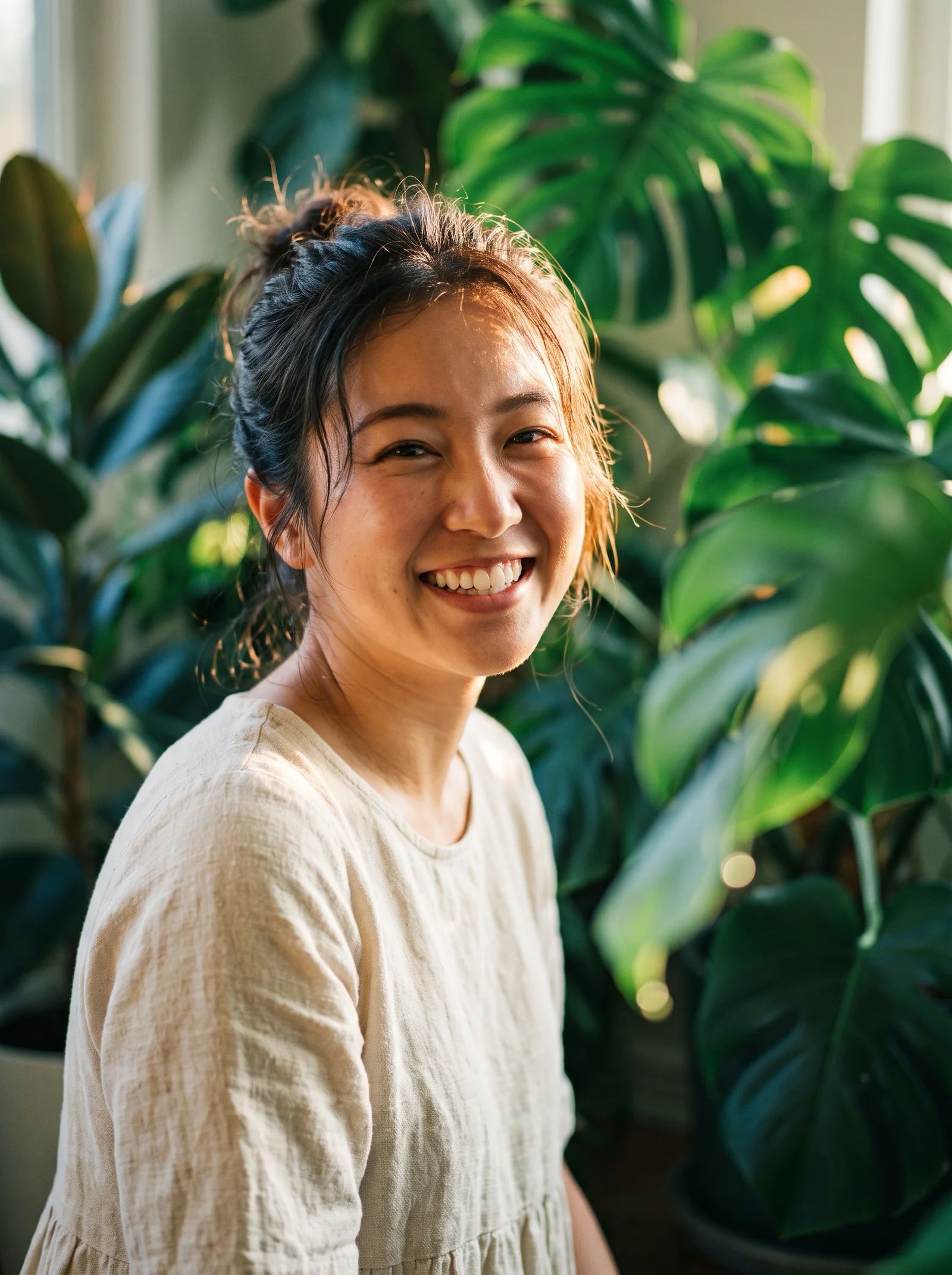 Woman Smiling Among Sunlit Indoor Plants — AI-generated photograph