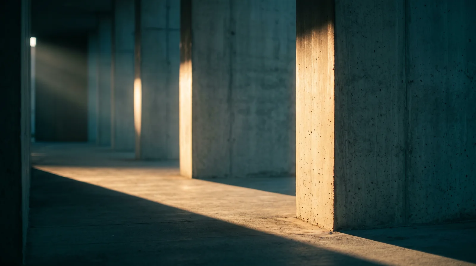Amber and Teal Concrete Colonnade at Dawn — AI-generated photograph