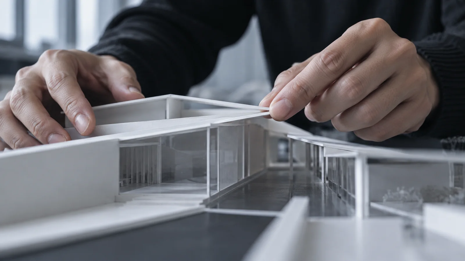 Hands Aligning a Model Roofline — AI-generated photograph