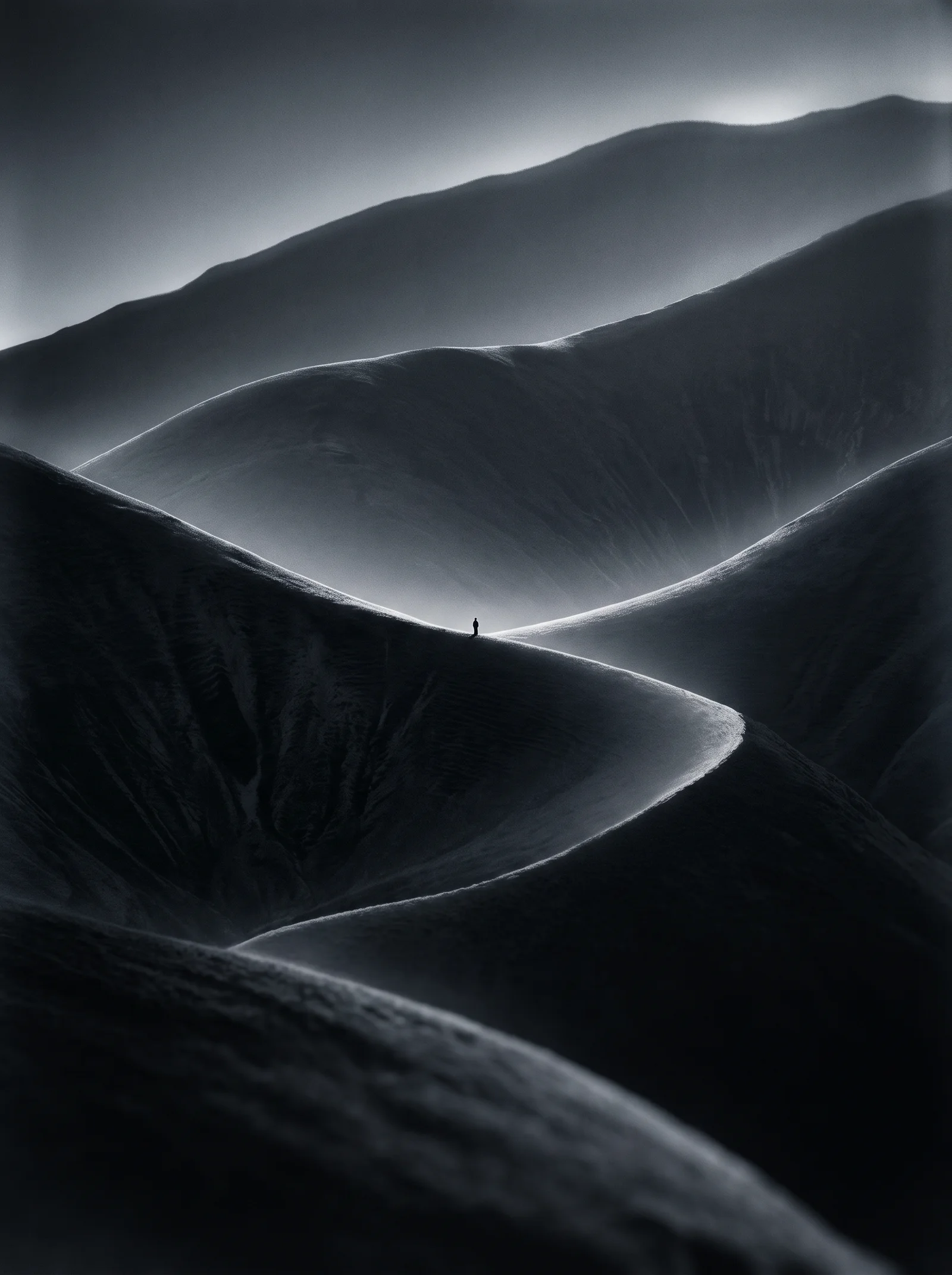Serpentine Mountain Ridges in Selenium Monochrome — AI-generated photograph