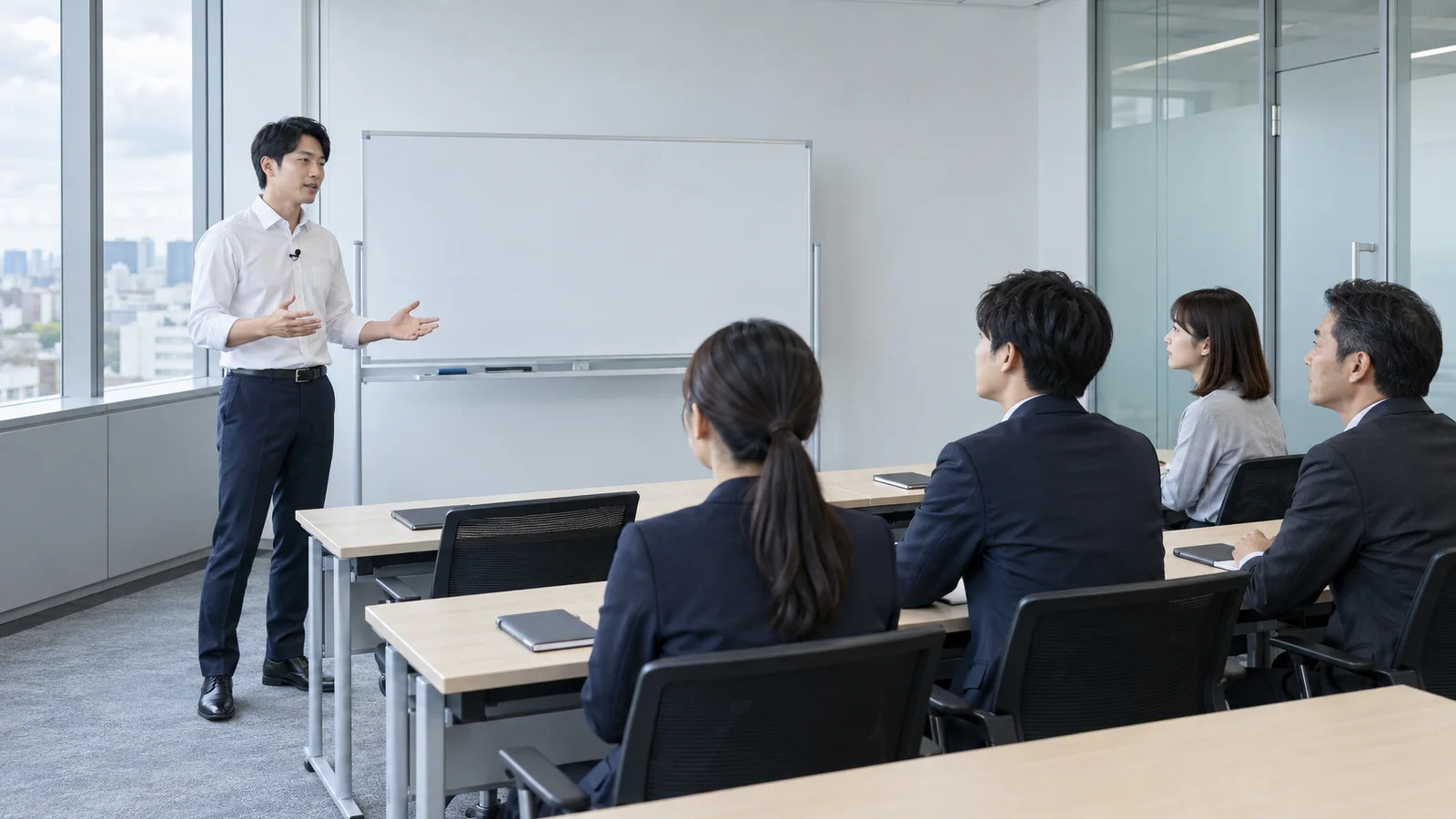 Employees Attending Training Beside a Whiteboard — AI-generated photograph
