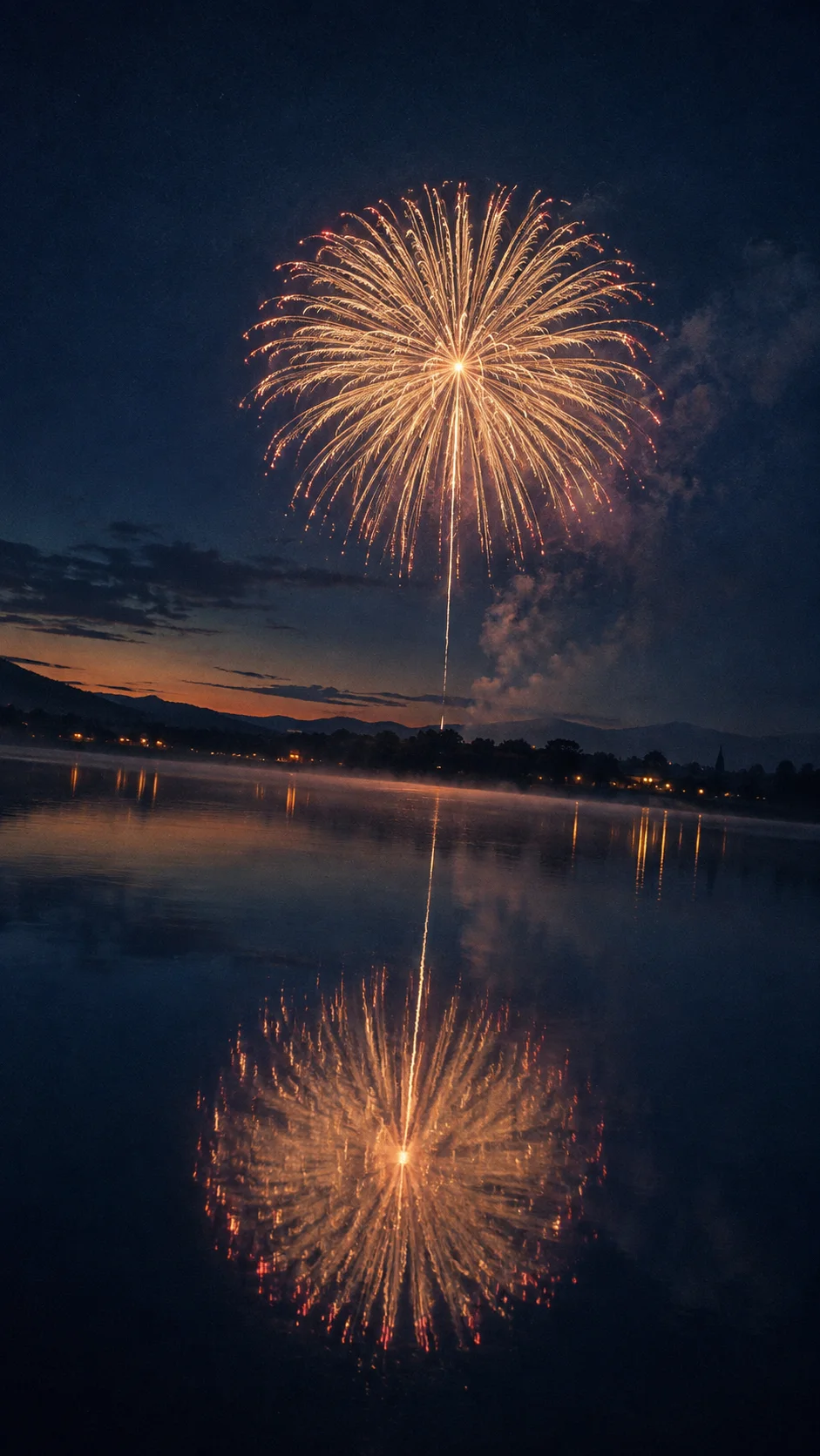 Single Firework Reflected in Still Water — AI-generated photograph