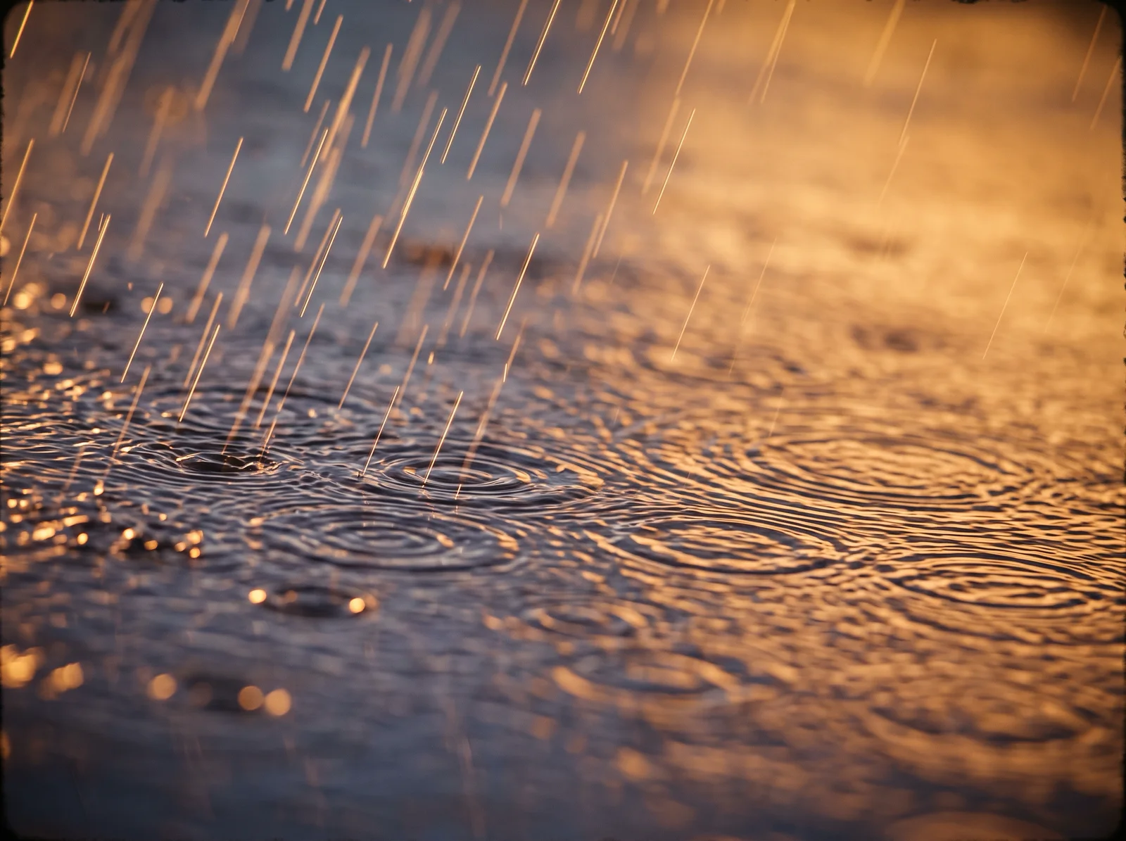 Golden Backlit Rain on Amber Dusk Water — AI-generated photograph