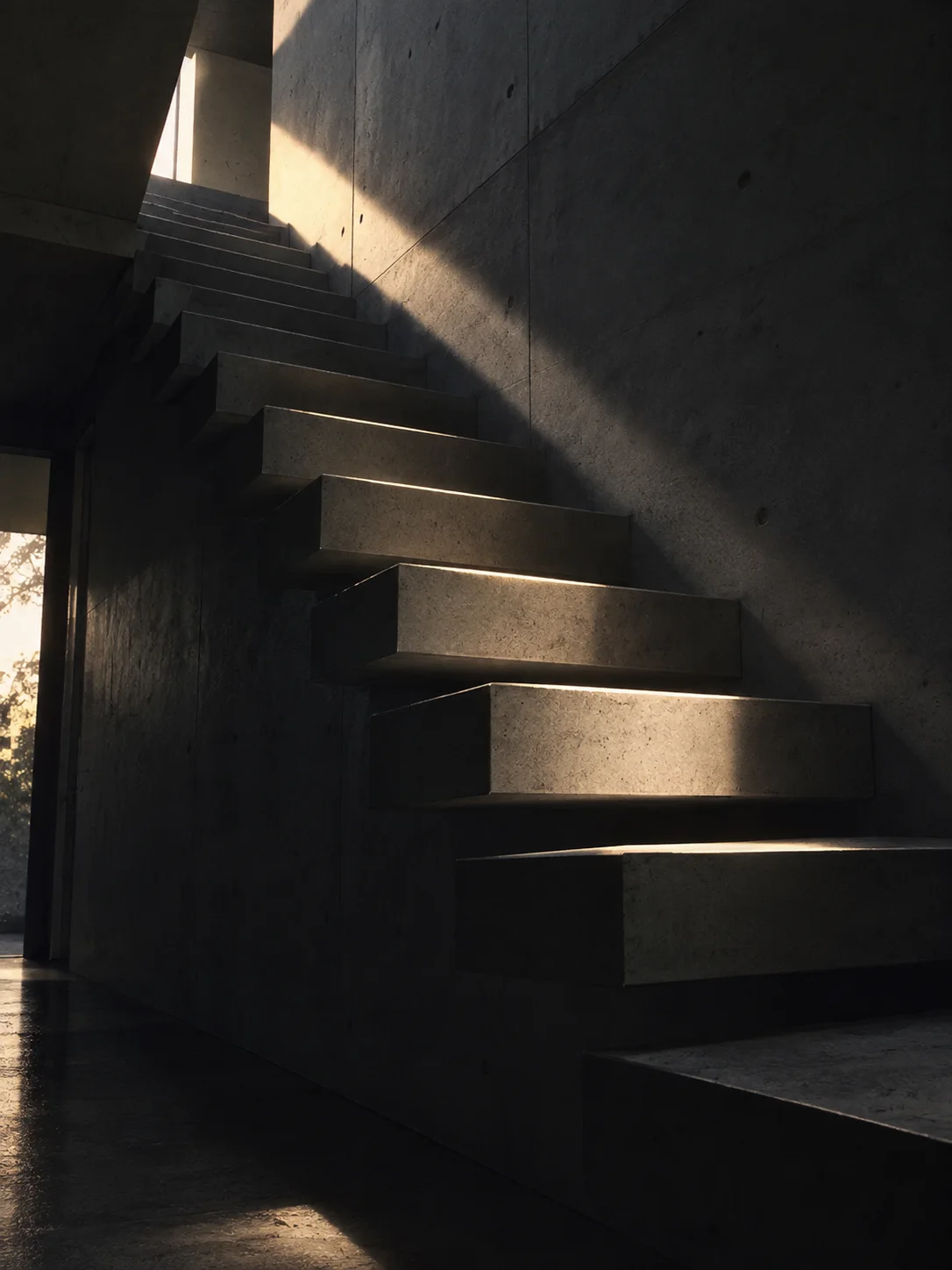 Concrete Steps Cut by a Narrow Sunbeam — AI-generated photograph