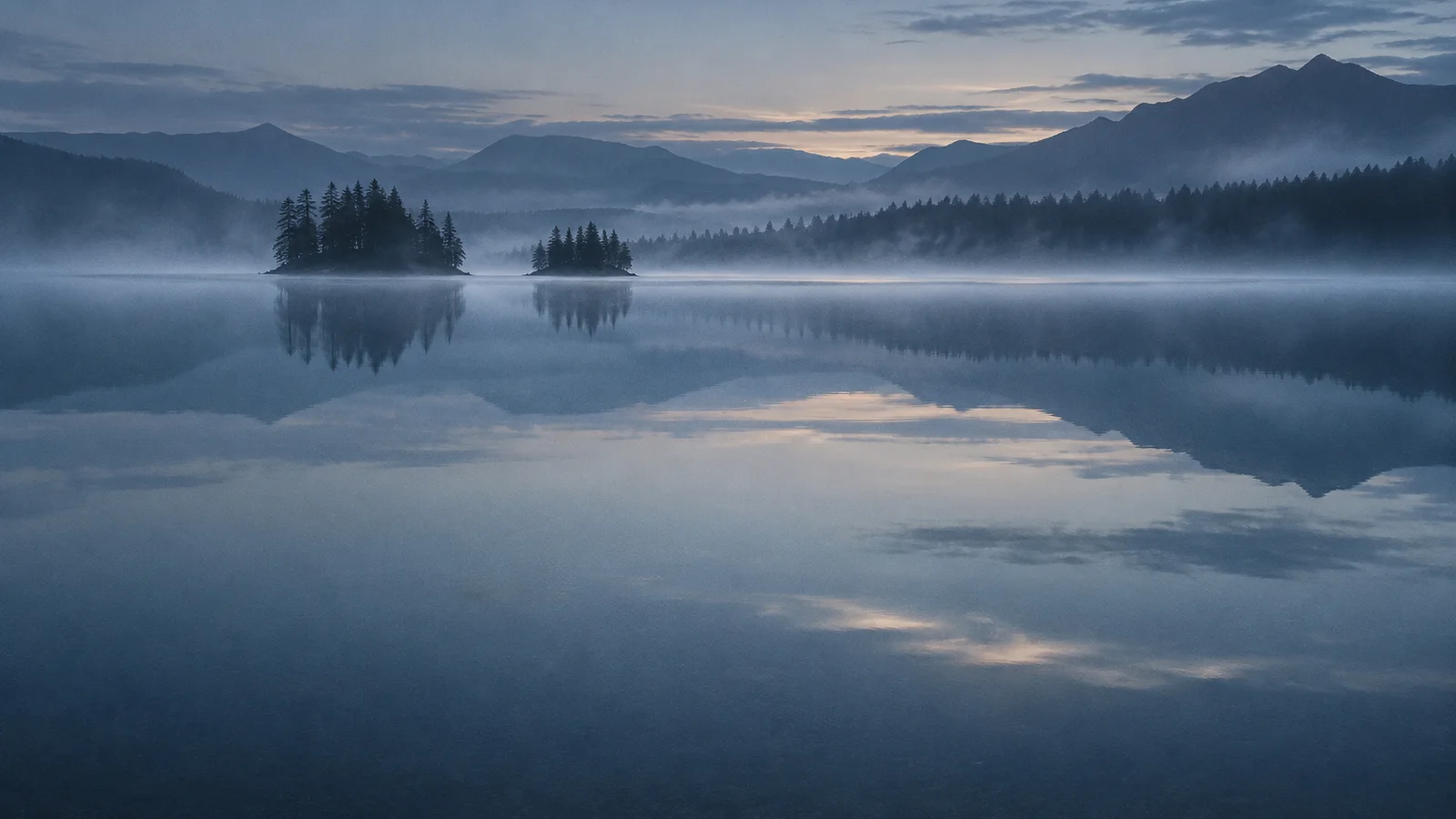 Two Wooded Islands Above Their Reflections — AI-generated photograph
