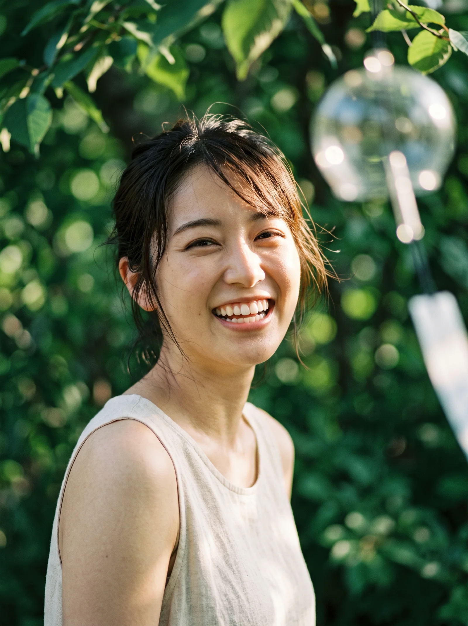 Smiling Woman in Dappled Summer Light — AI-generated photograph