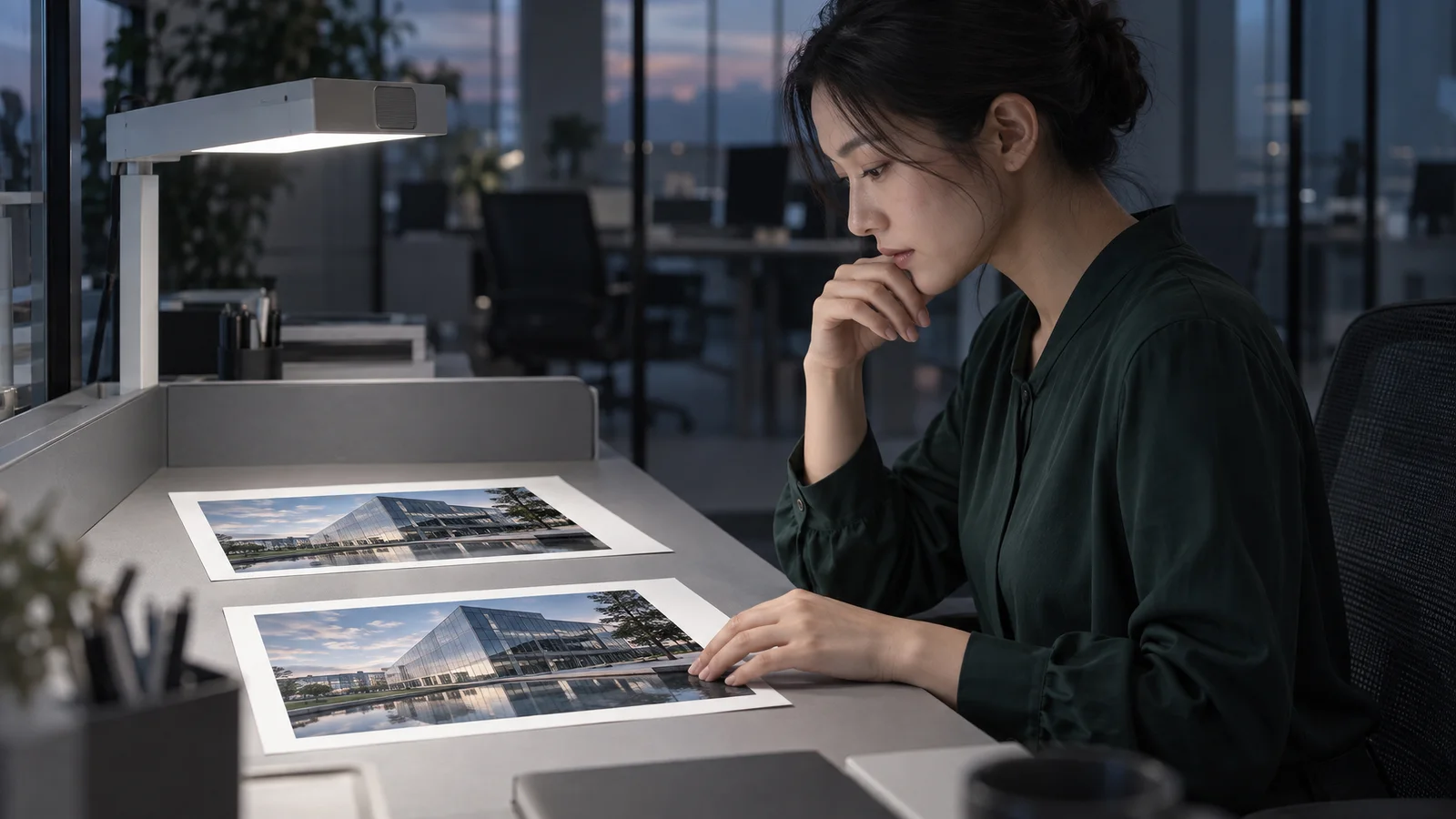 Woman Reviewing Photo Prints at Her Desk — AI-generated photograph