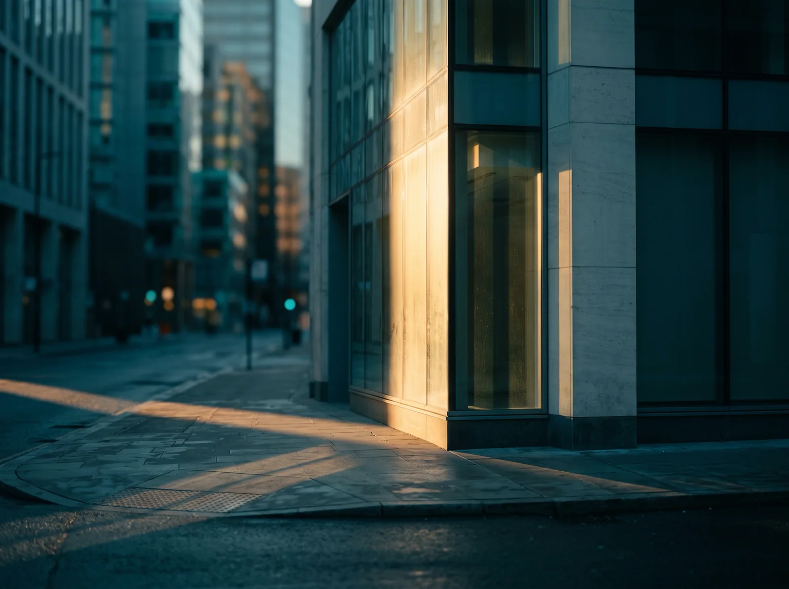 Morning Sun on Glass Facades in Amber and Teal — AI-generated photograph