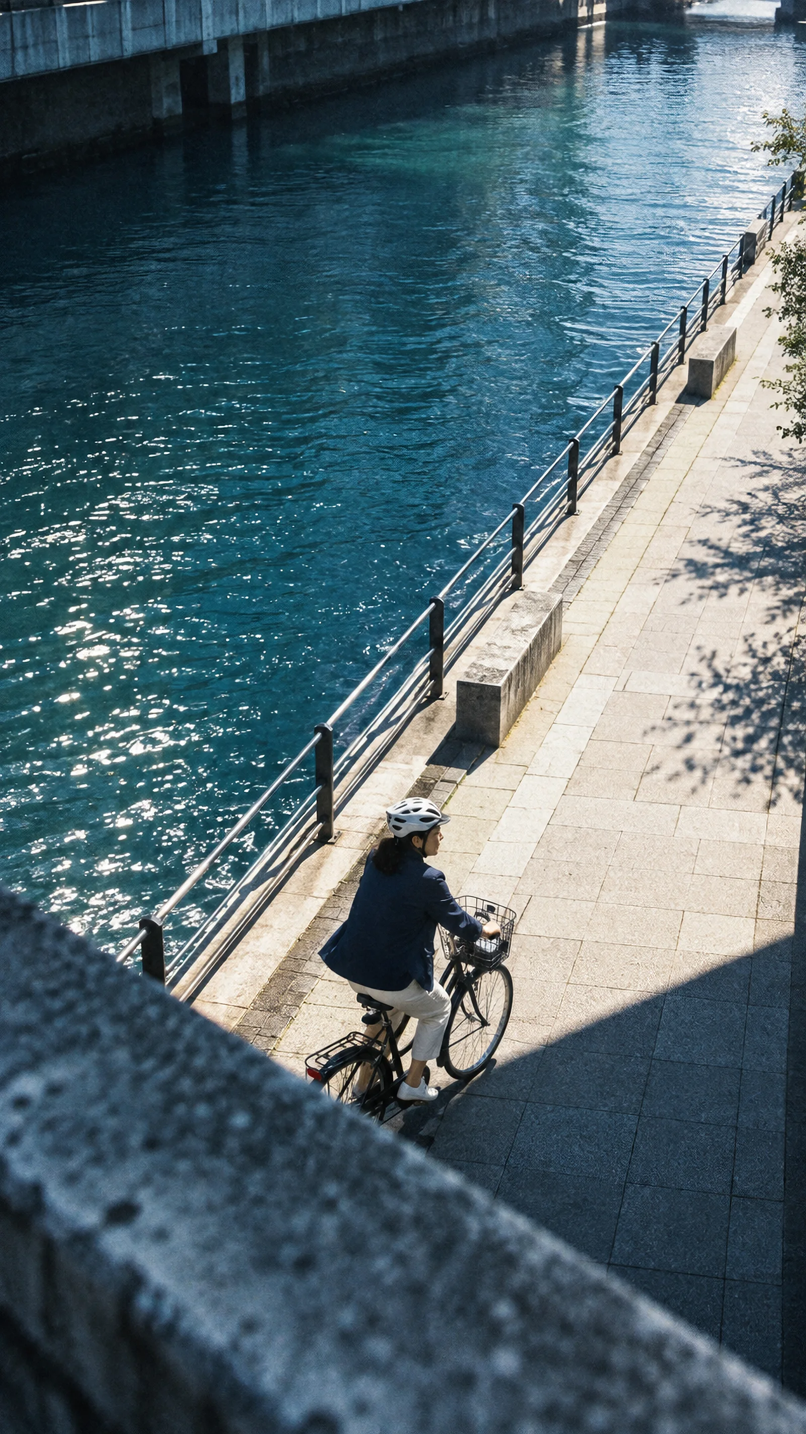Woman Cycling Beside a Canal — AI-generated photograph