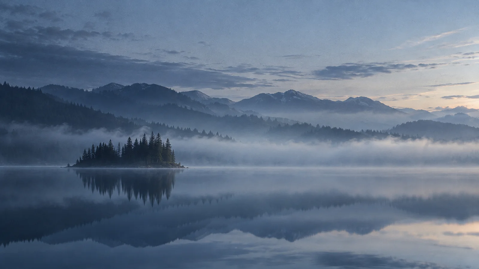 Conifer Island Before Mist Covered Ridges — AI-generated photograph