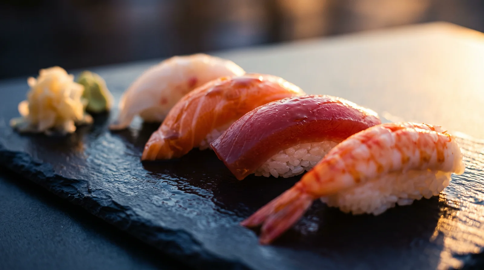Backlit Nigiri Sushi on Wet Black Slate — AI-generated photograph