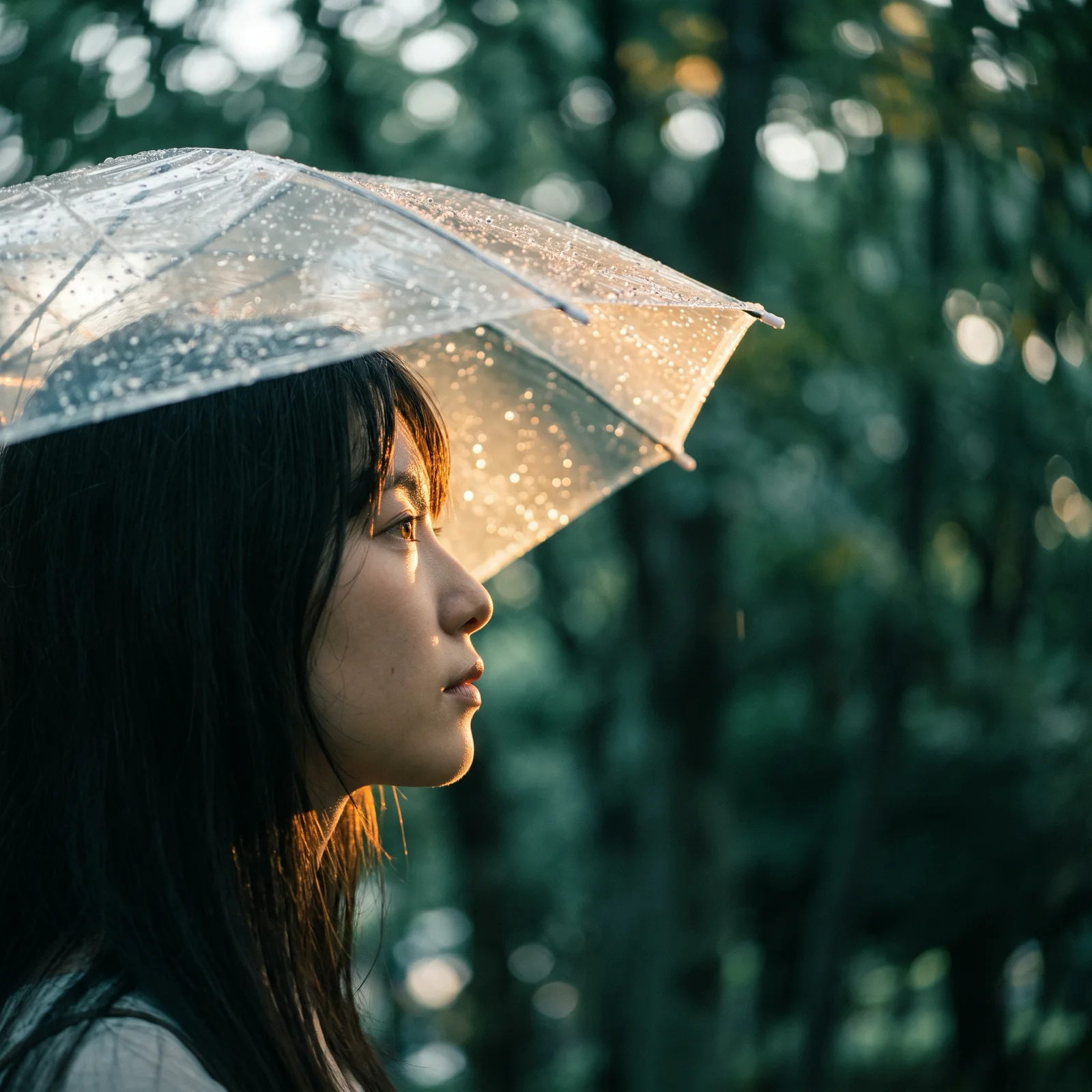 Profile of a Woman with Clear Umbrella — AI-generated photograph