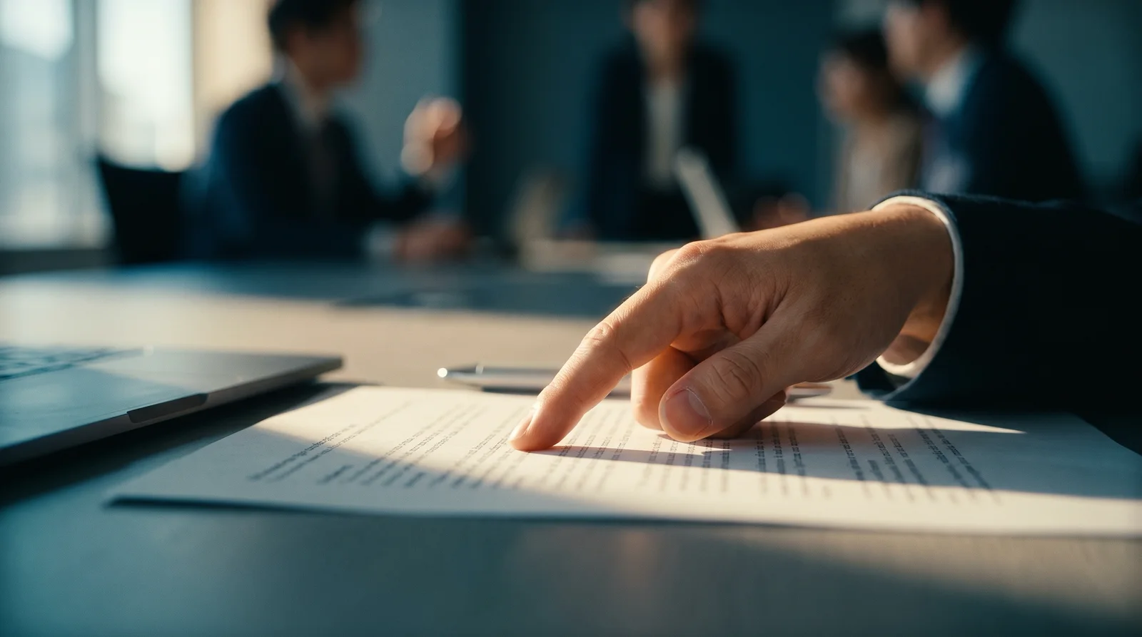 Close-up of Hands Over Meeting Documents — AI-generated photograph