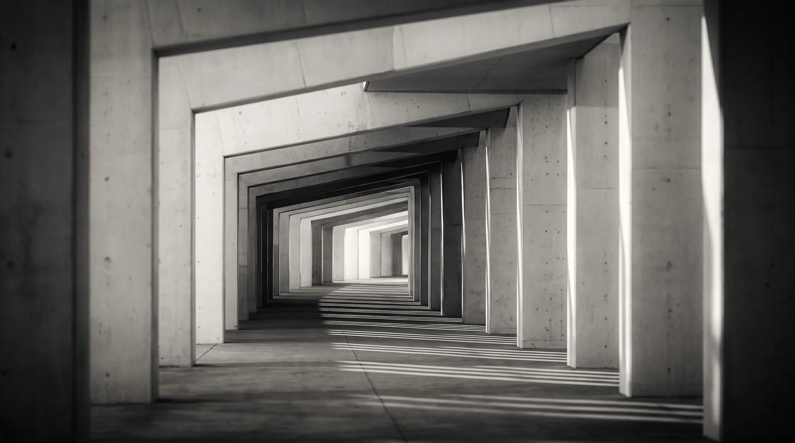 Layered Concrete Colonnade in Silver Monochrome — AI-generated photograph