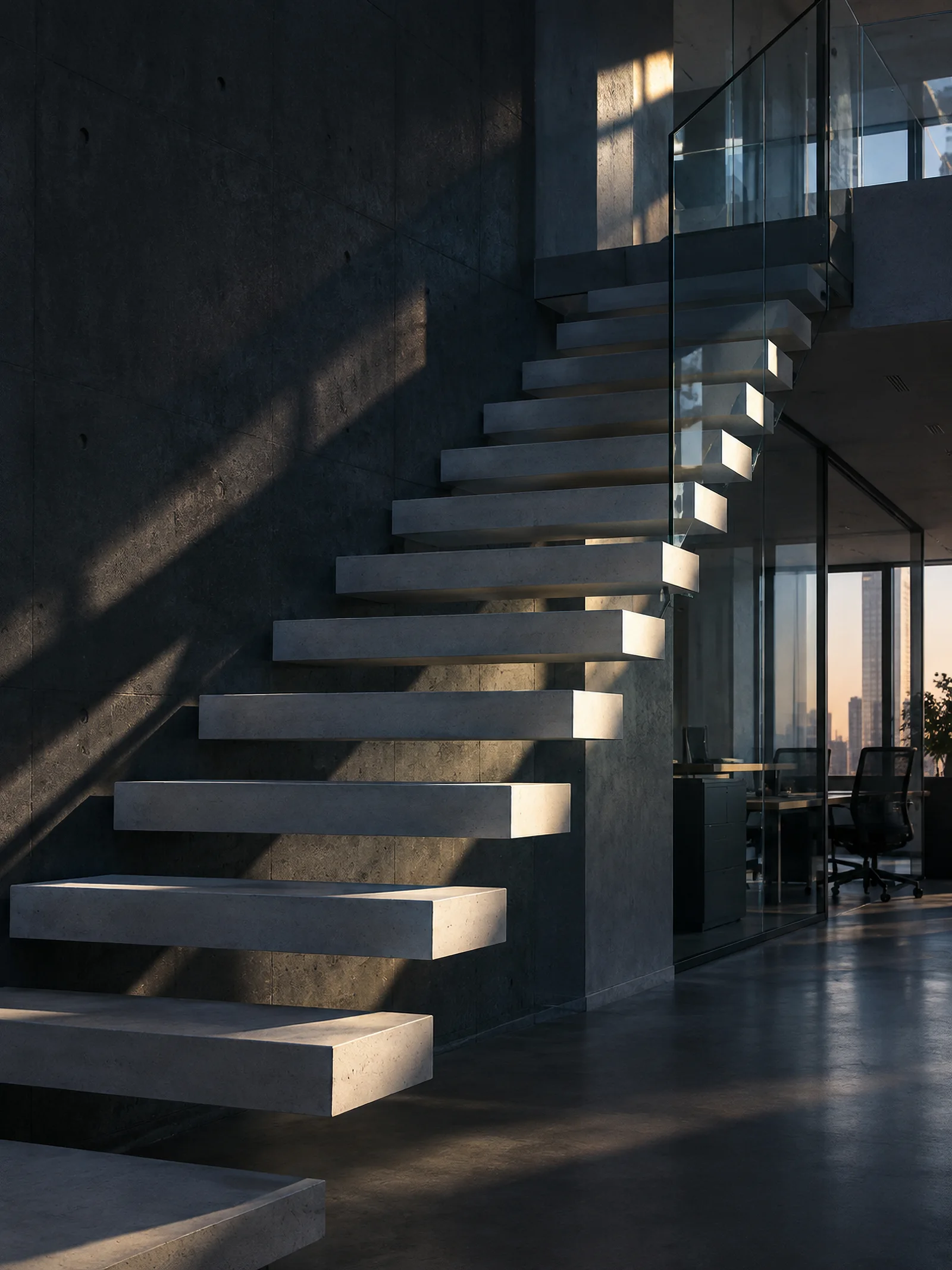 Concrete Stairs Beside an Office Workspace — AI-generated photograph