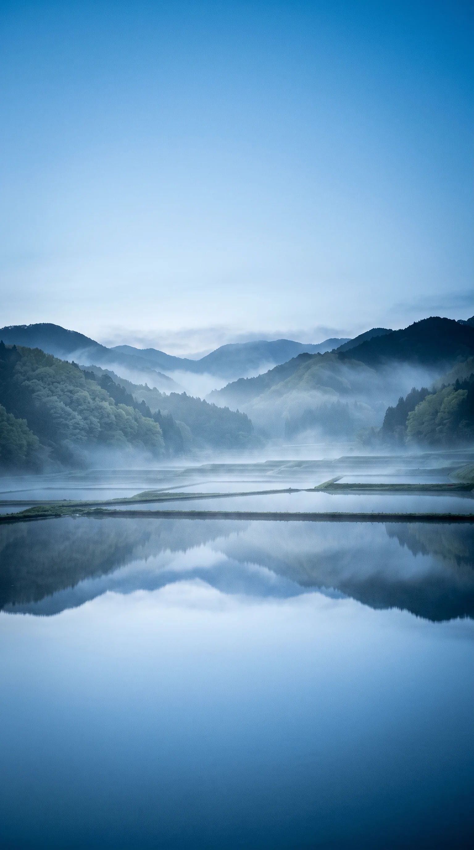 New-Green Hills Mirrored on a Dawn Paddy — AI-generated photograph