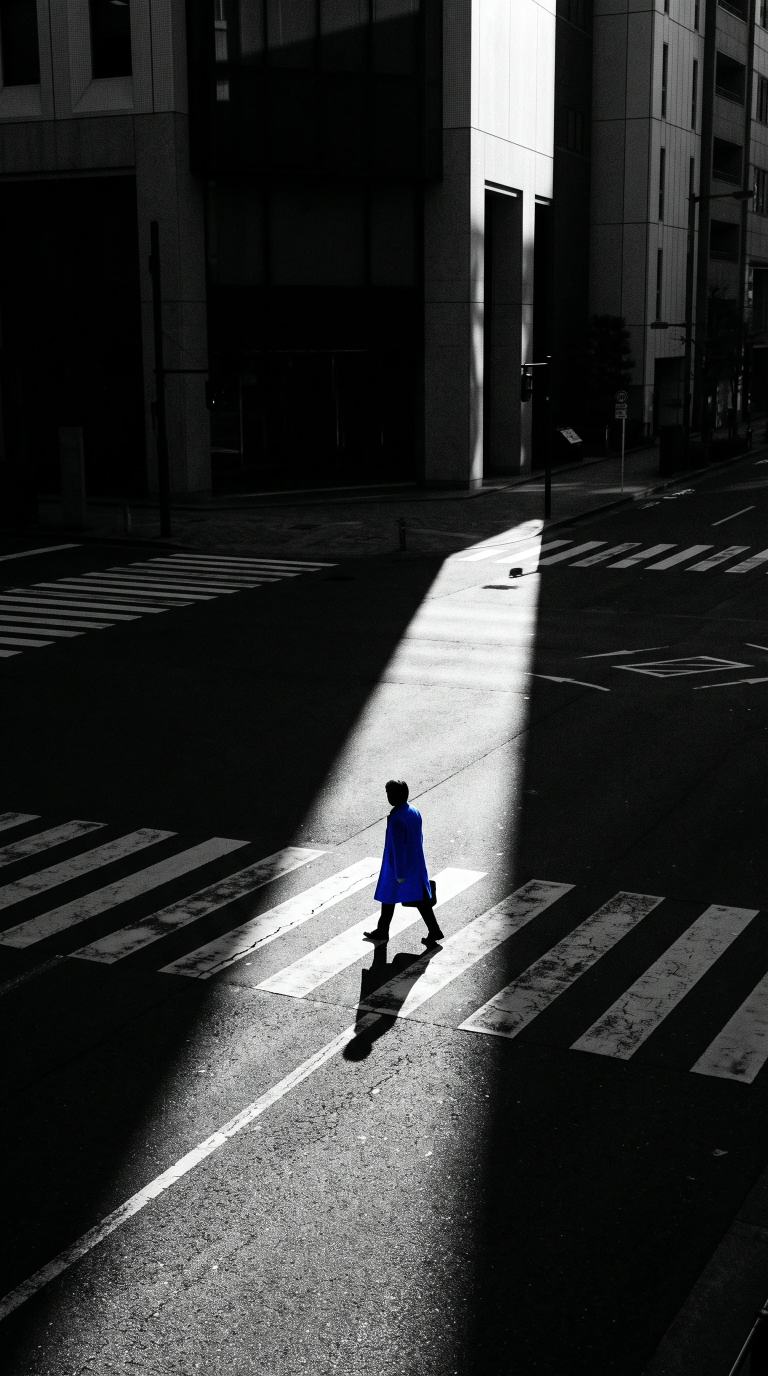 Blue-Coated Figure in a Diagonal Light Shaft — AI-generated photograph