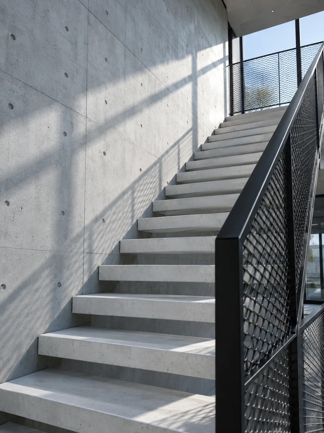 Concrete Office Stairs with Metal Mesh — AI-generated photograph