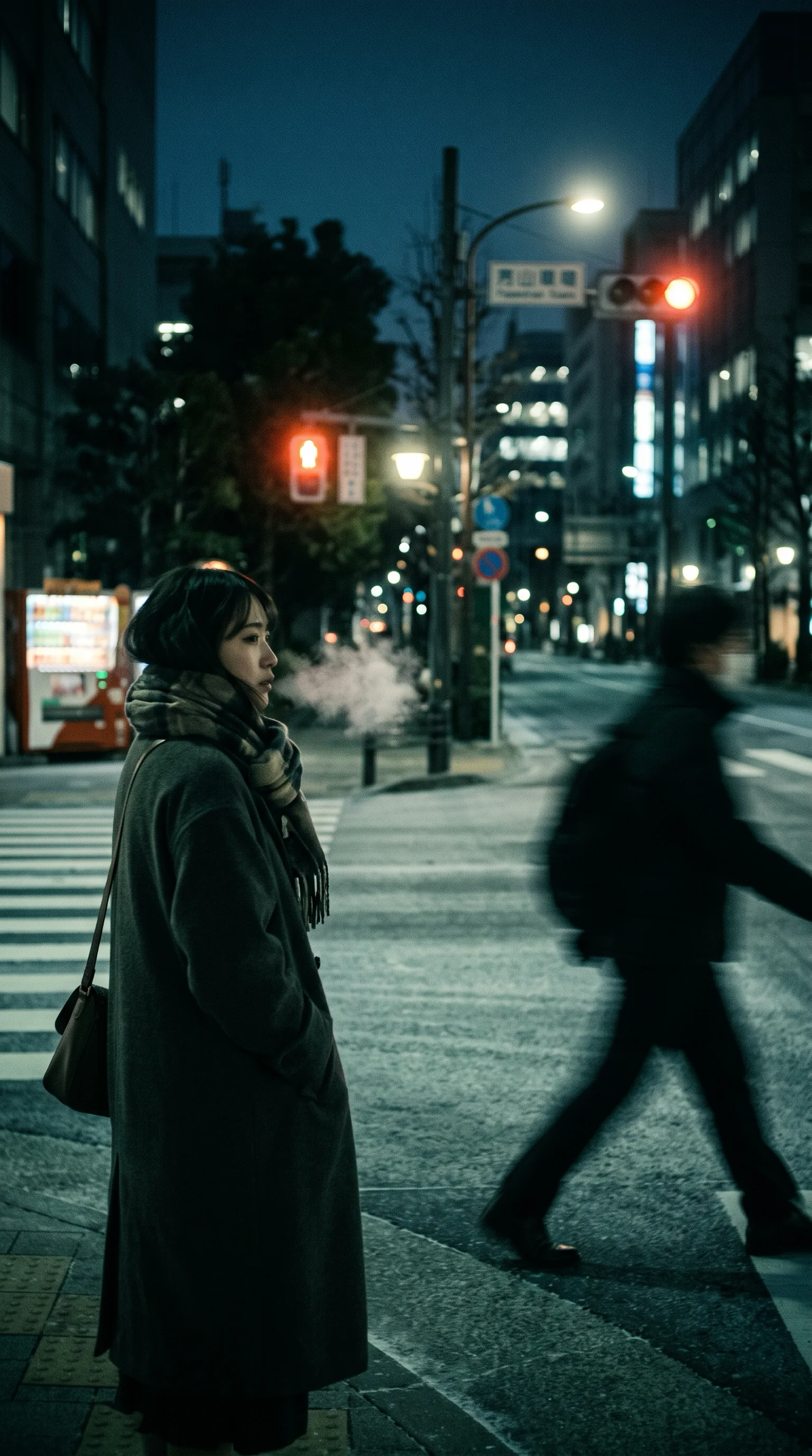 Woman at a Frosty Dawn Crosswalk — AI-generated photograph