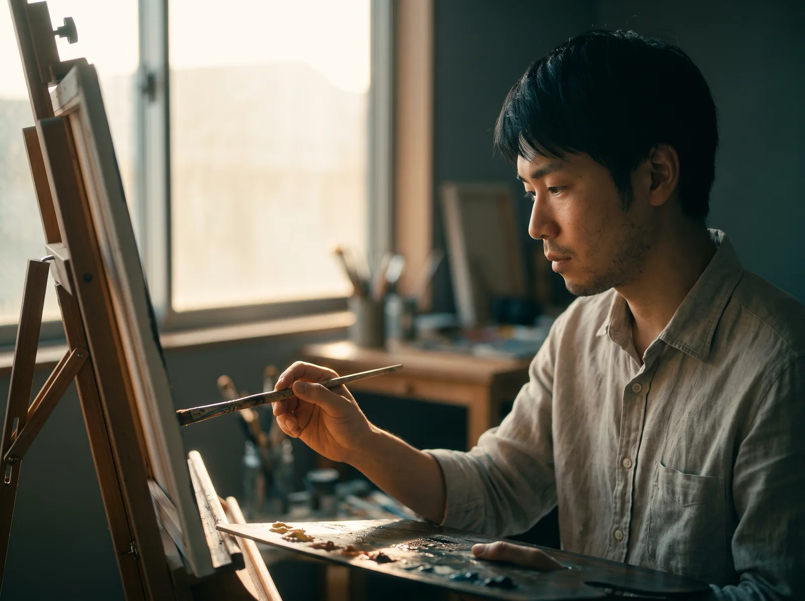 Man Painting at an Easel in Afternoon Window Light — AI-generated photograph