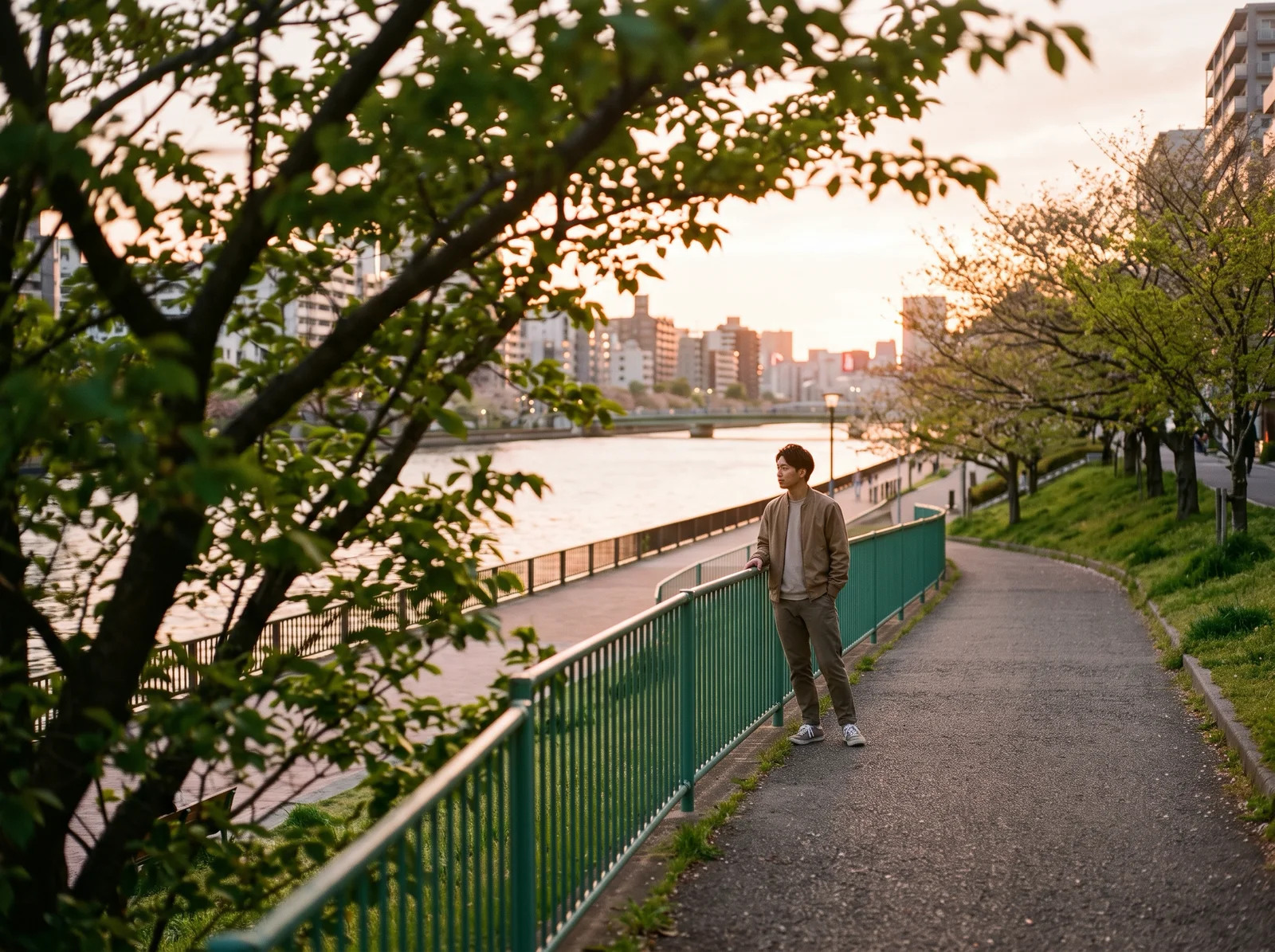 Man Leaning on a Riverside Railing in Golden Light — AI-generated photograph