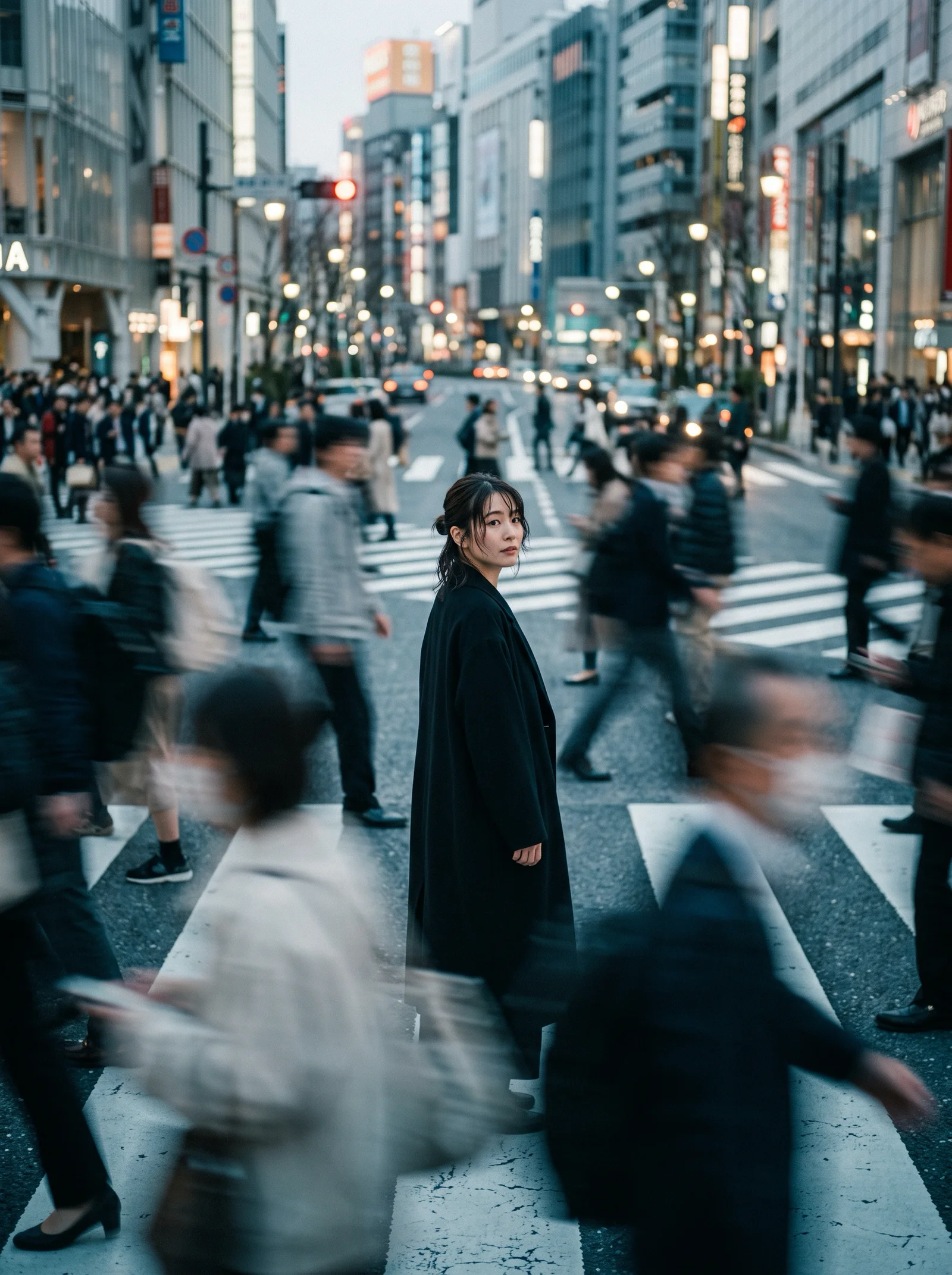 Still Woman Turning in a Blurred Dusk Crowd — AI-generated photograph