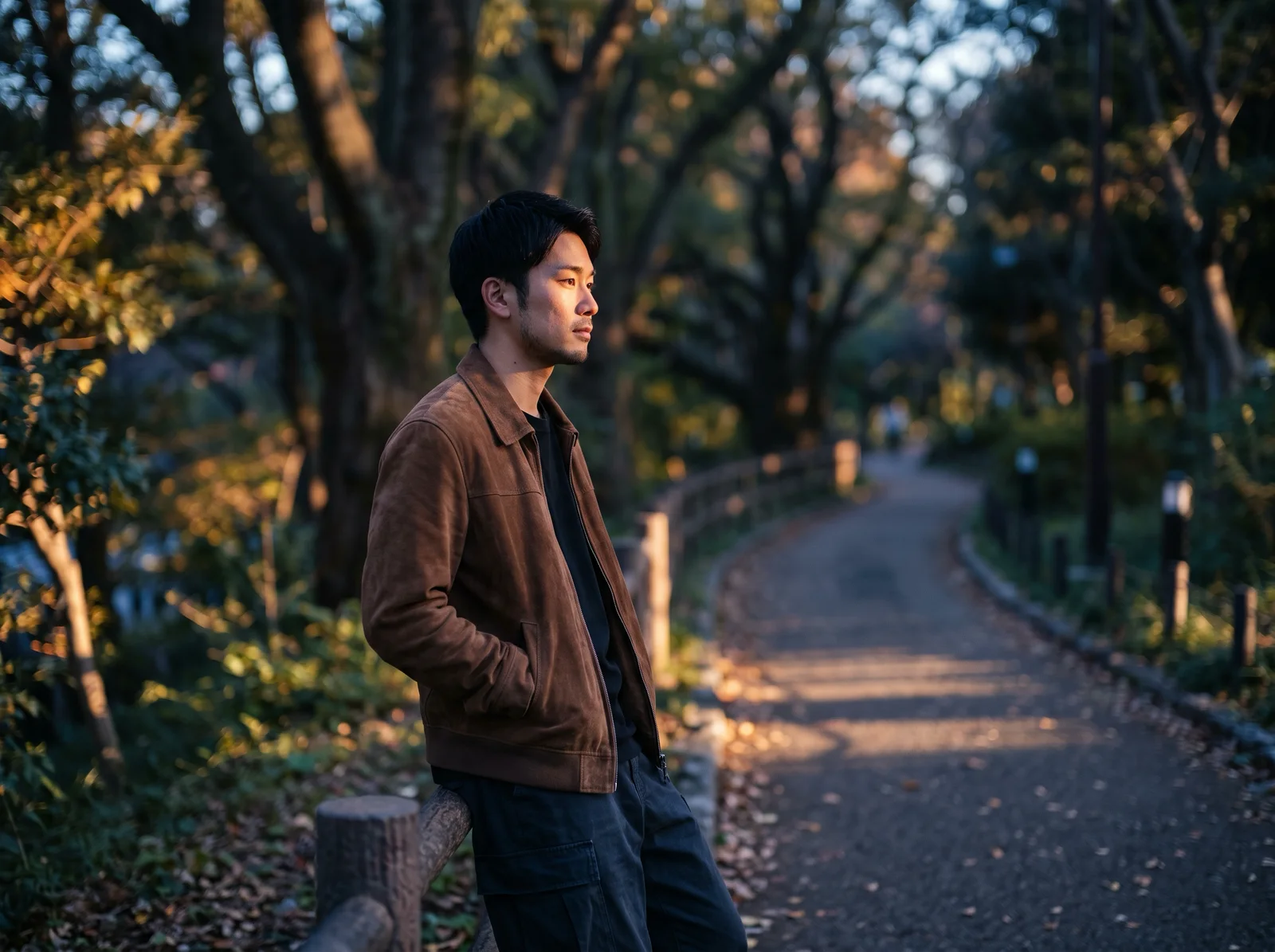 Young Man on a Park Path at Dusk — AI-generated photograph