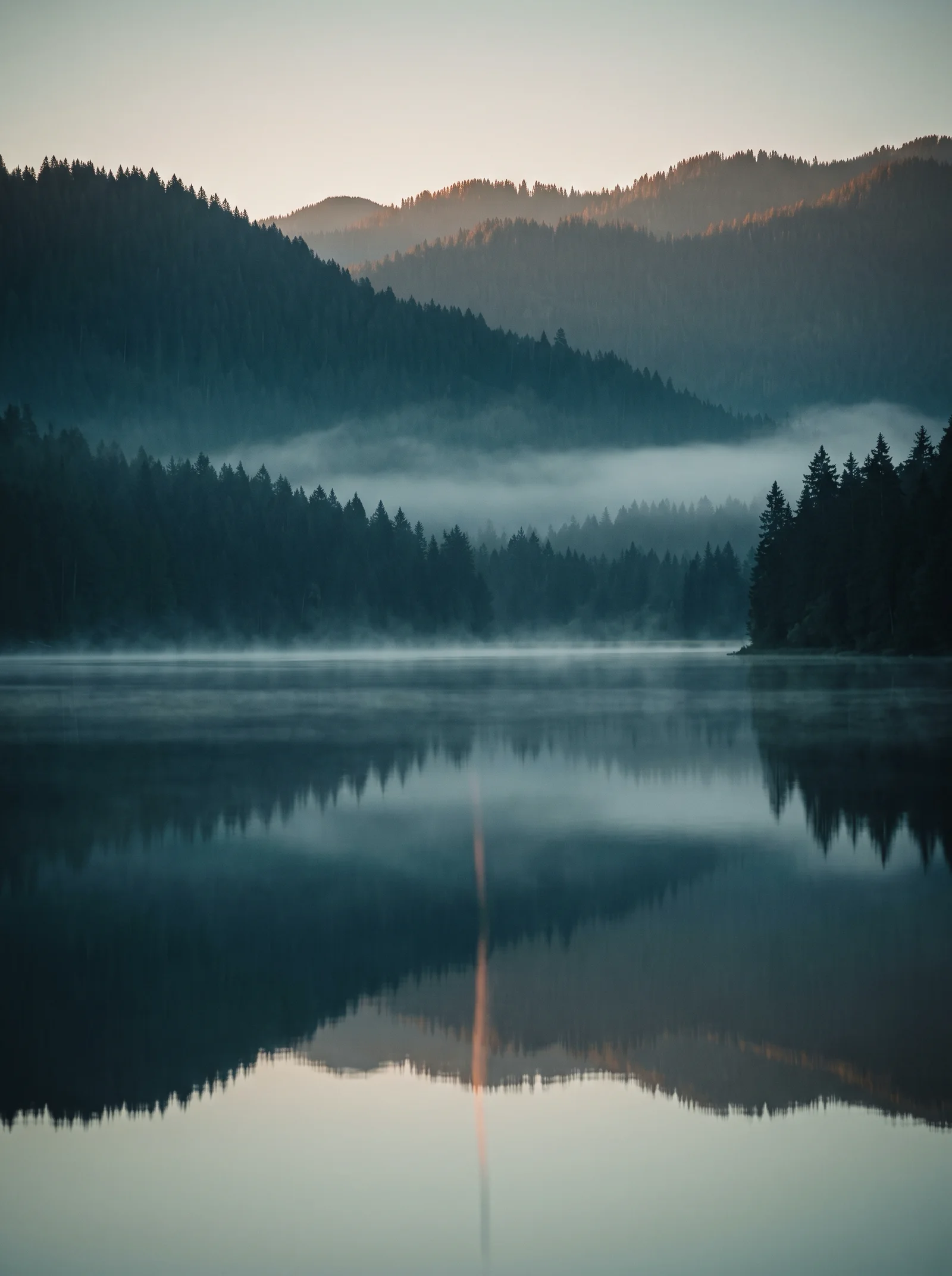 Alpenglow on Conifer Ridges Above a Mirror Lake — AI-generated photograph